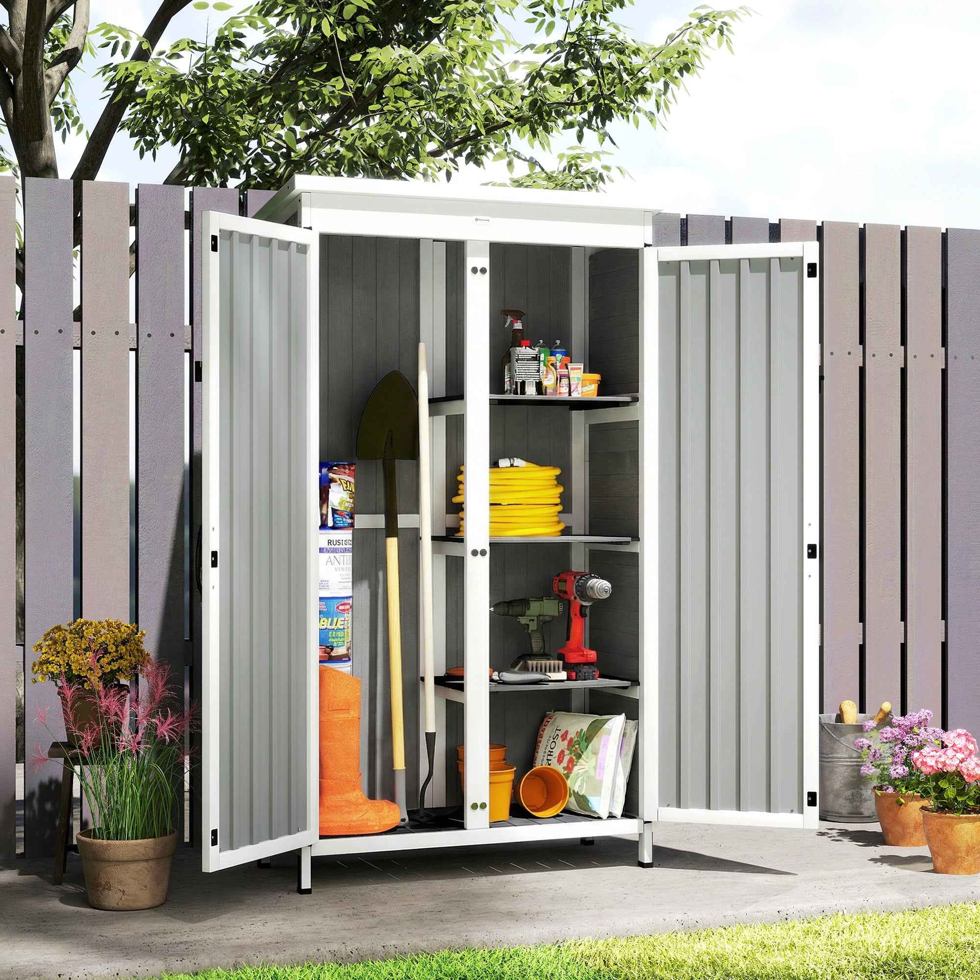 Outsunny Garden Cabinet with Removable Shelves and Lockable Door, Wood and Steel, 94x43x166 cm, White and Black