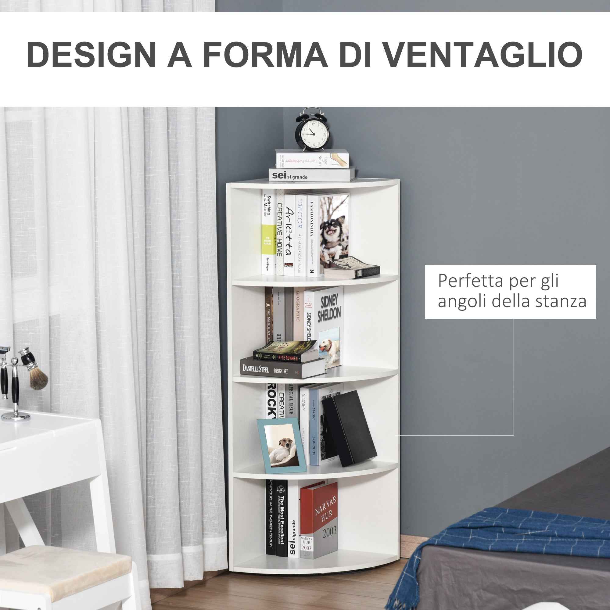 HOMCOM Corner Bookcase with 4 Shelves, Wall Mounted and Wooden, 39.5 x 39.5 x 120 cm, White