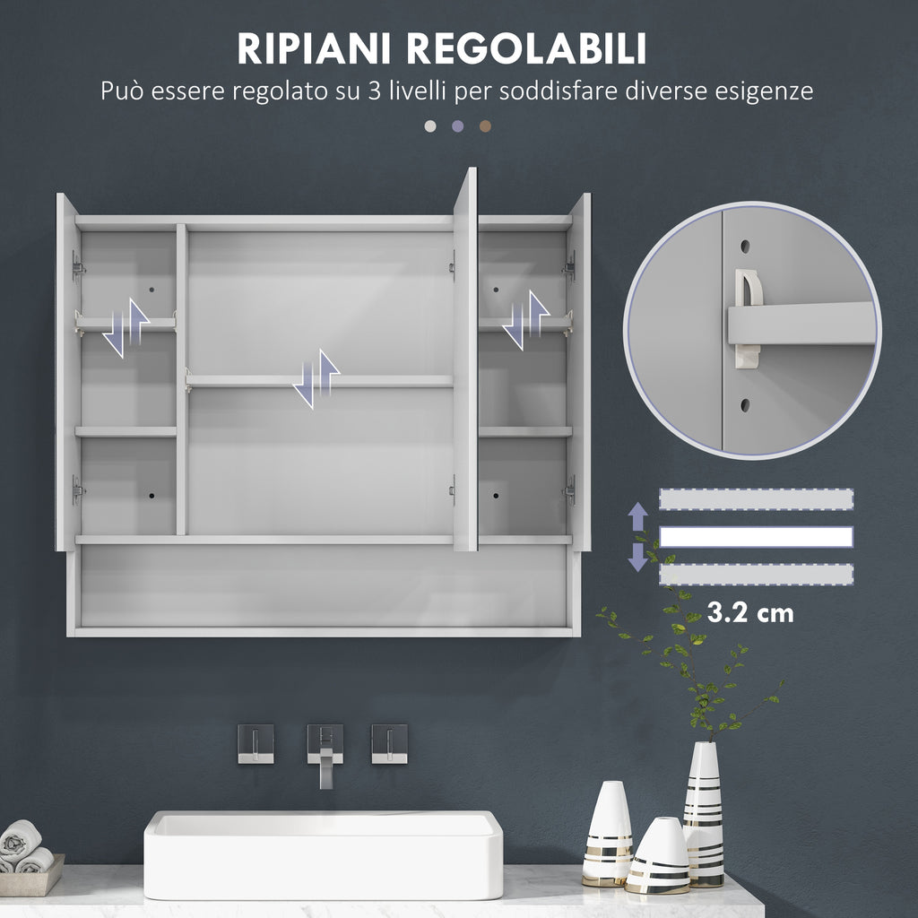 kleankin Bathroom Mirror Cabinet with 3 Soft-Close Doors and Adjustable Shelves, 90x15x75 cm, White