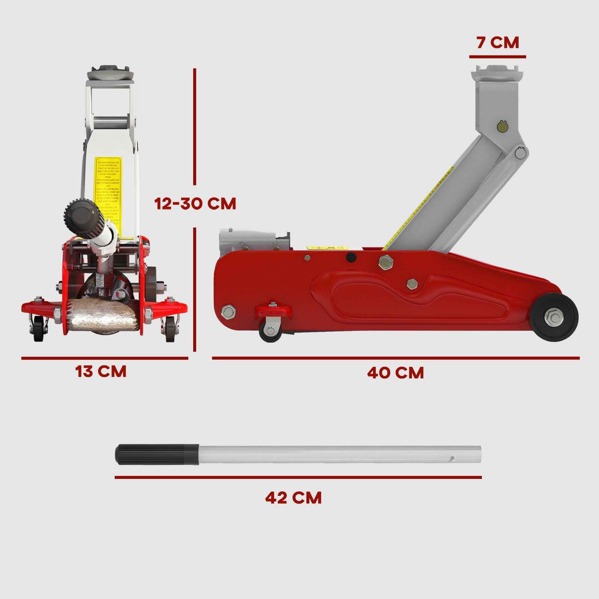 HOMCOM Hydraulic Jack with 12-30 cm Lift and 2 Ton Capacity, Reinforced Steel, Red and Grey