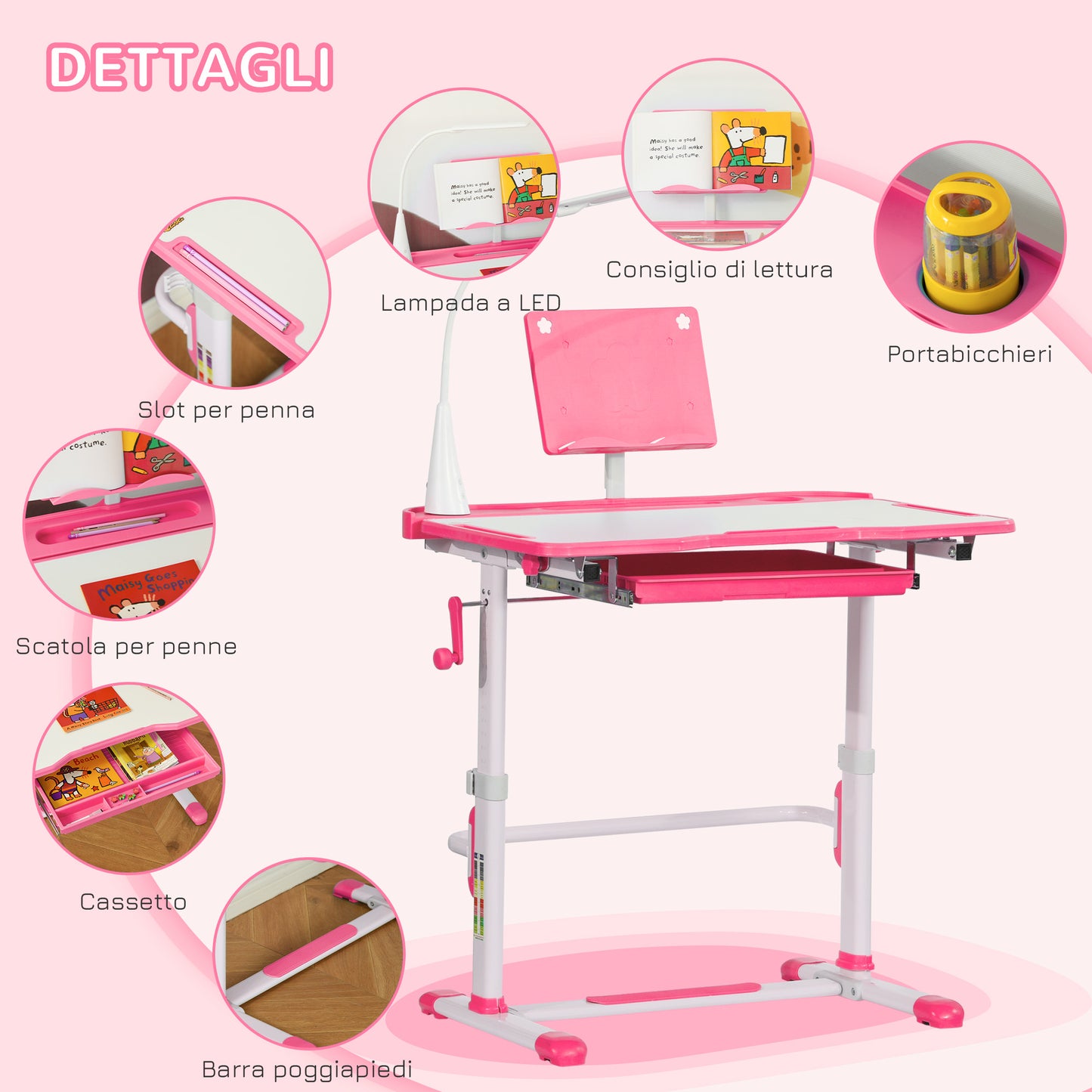 Children's Desk Set for 6-12 Years with Height-Adjustable Chair, Drawer, Light and Tiltable Top, Pink