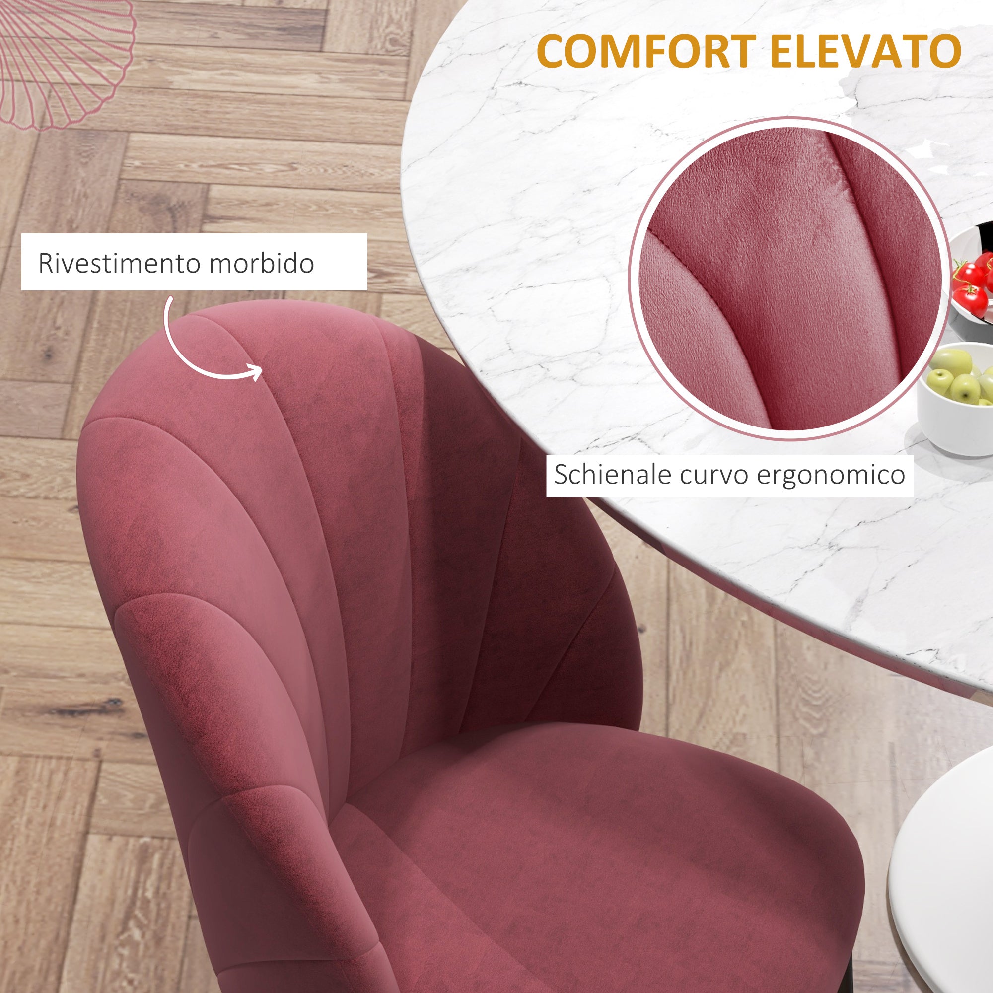 Set of 2 Nordic stye Velvet Dining Chairs with Metal Legs, Red