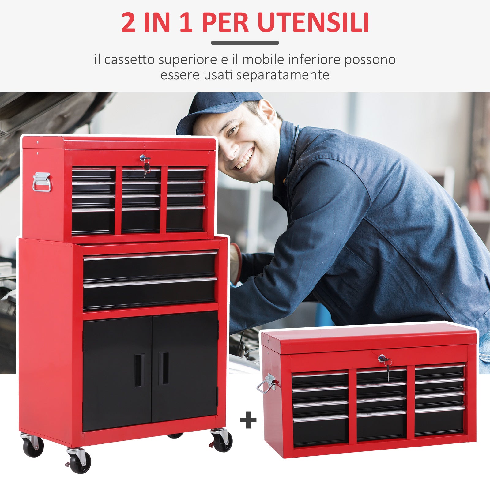 2-in-1 Tool Cart with Upper Drawer and Lower Cabinet, Metal, 61.6x33x108 cm, Red