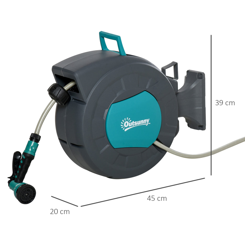 Outsunny 180° Rotating Automatic Wall-Mounted Hose Reel, 15m+1.4m Water Hose and Multifunction Gun, Grey