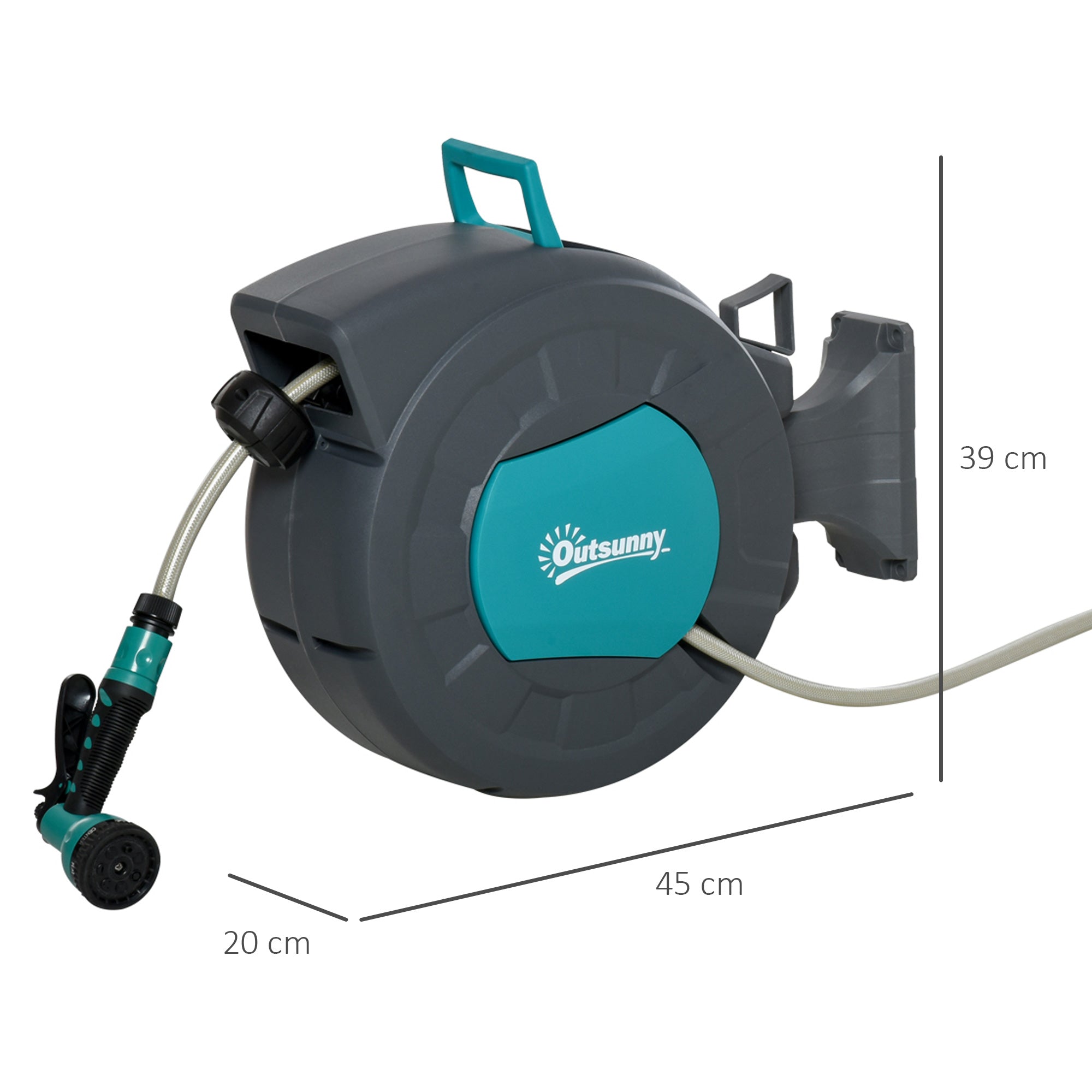 Outsunny 180° Rotating Automatic Wall-Mounted Hose Reel, 15m+1.4m Water Hose and Multifunction Gun, Grey