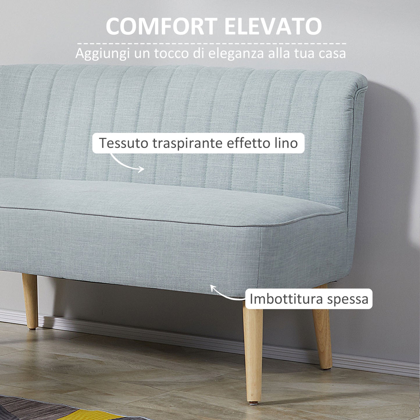 2 Seater Modern Fabric Sofa Without Armrests with Wooden Legs, 117x56. 5x77 cm, Light Blue