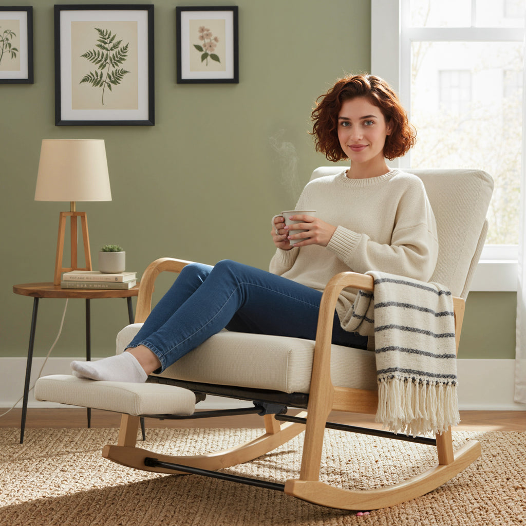 HOMCOM Corduroy Rocking Chair with Footrest, Reclining Backrest, Scandinavian Style, Cream