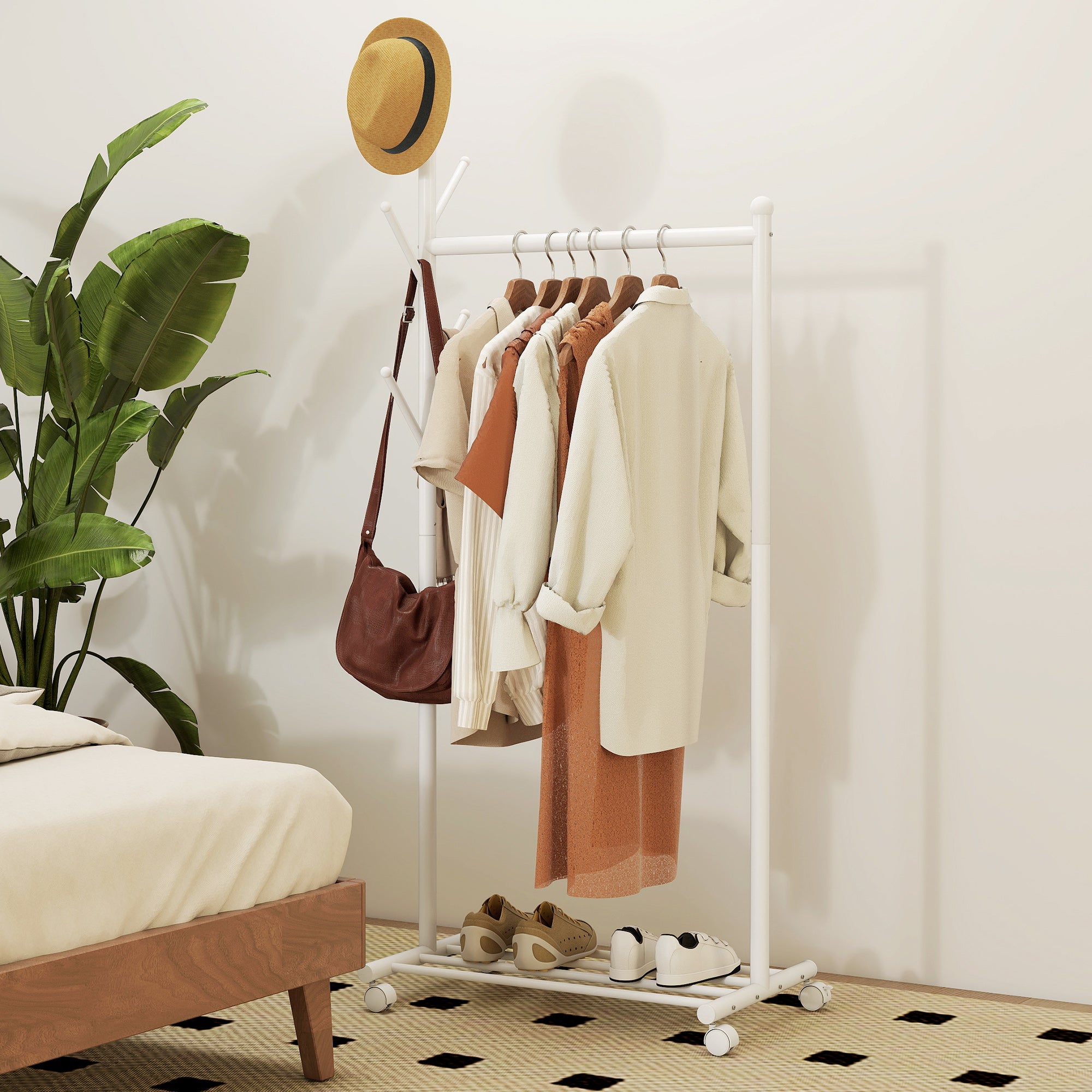 Freestanding Coat Rack with Wheels, 5 Hooks and Lower Shoe Shelf, White
