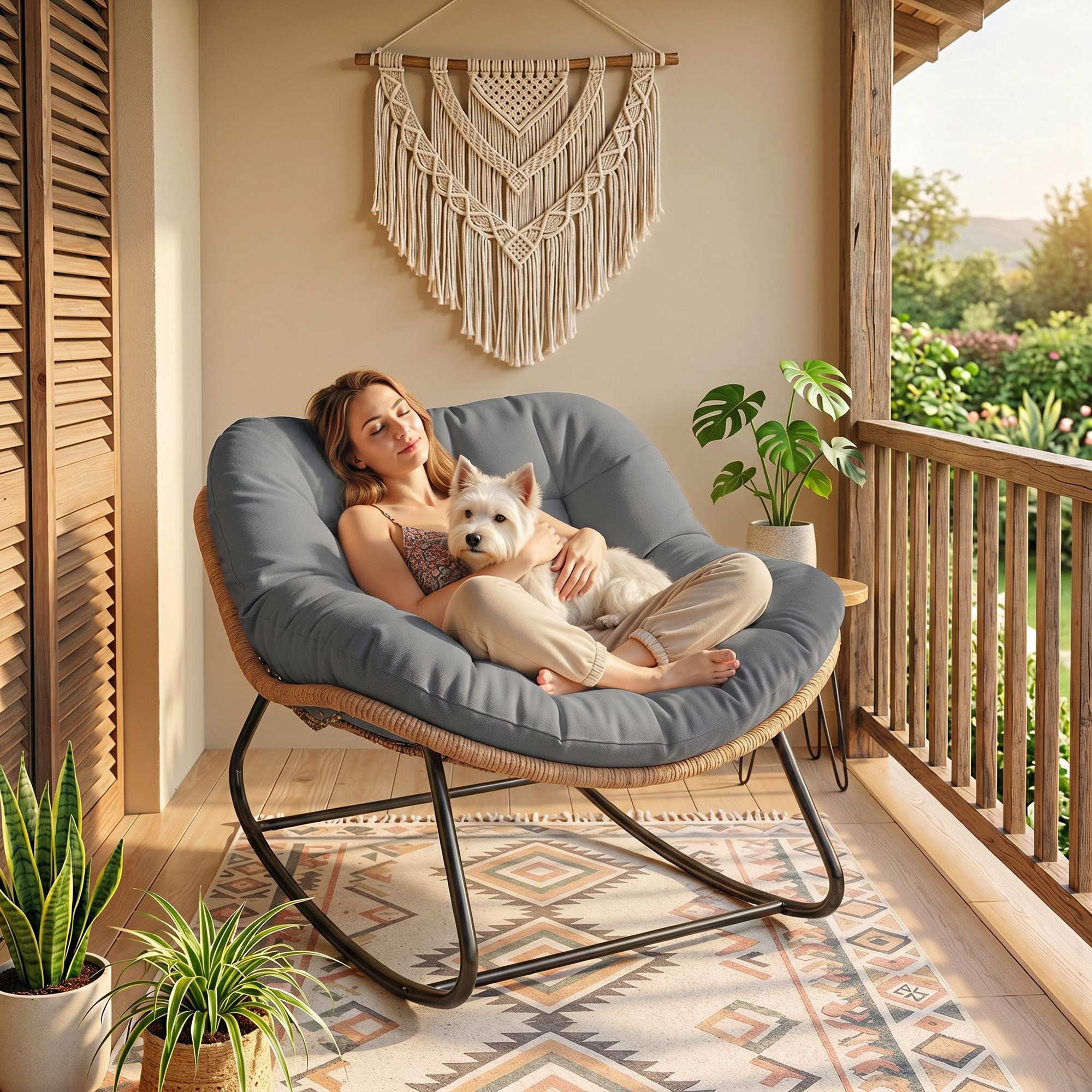 Indoor/Outdoor Rocking Chair with Extra-Wide 60cm Seat and Padded Cushion, Grey