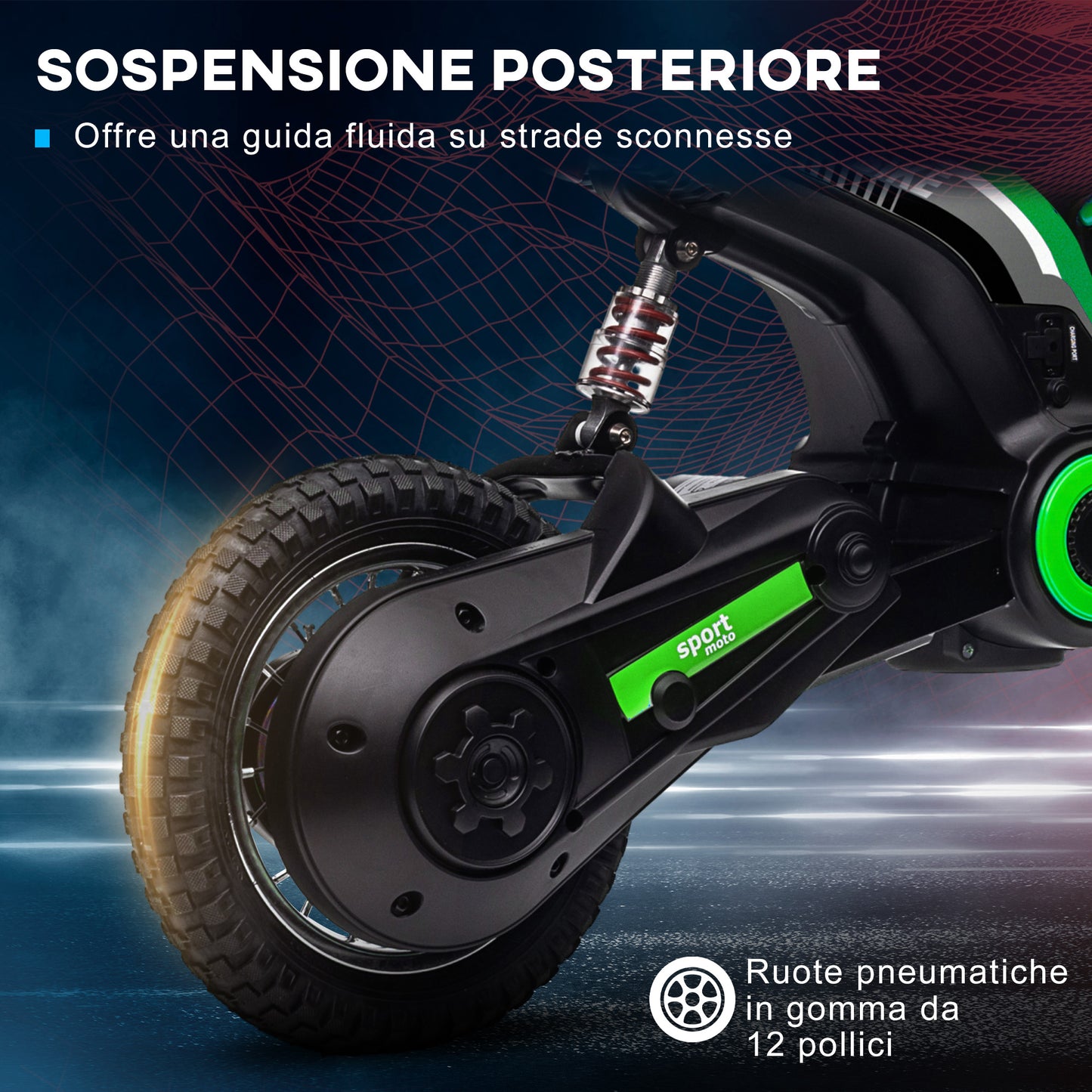 Electric Motorcycle for Children with Manual Throttle, 2 Speeds 8-16km/h, Age 8-12 Years, Green