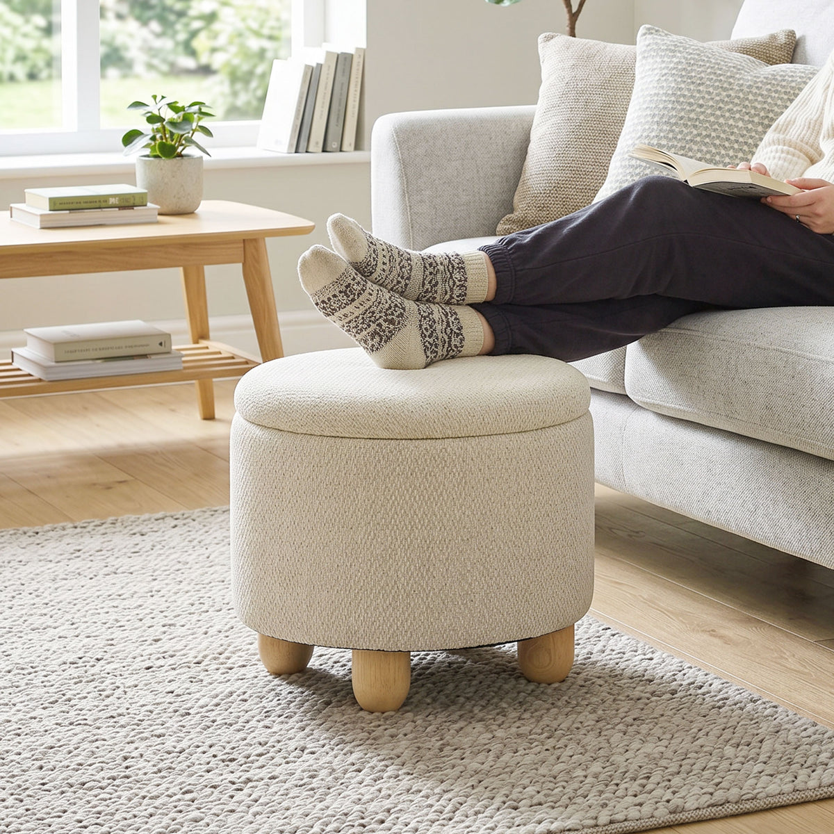 HOMCOM 19L Round Jute Fabric Storage Ottoman with Lid, 120kg Capacity, 38.5x38.5x33.5cm, Beige