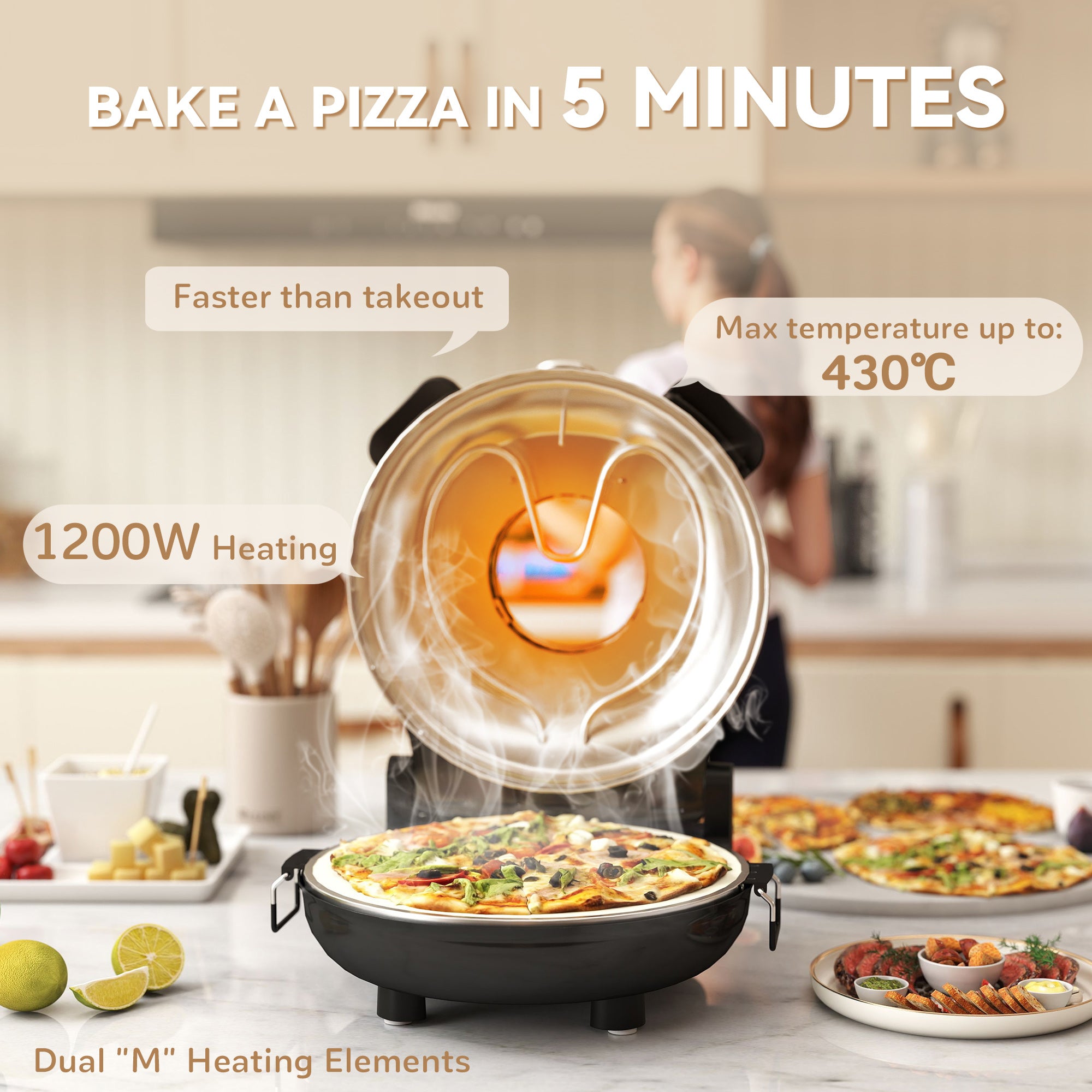 1200W Electric Pizza Oven with Transparent Window, Timer and Temperature Control, Black