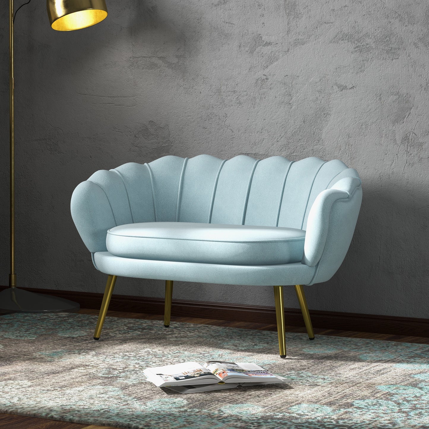 Velvet 2 Seater Sofa in Industrial Chic Style in Velvet Effect Fabric and Metal, 130x77x77 cm, Light Blue