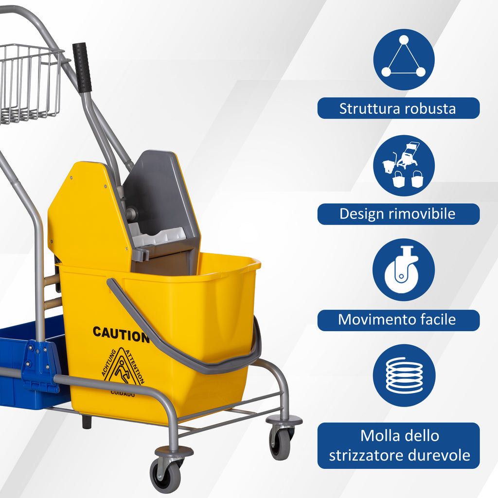 Cleaning Trolley with Wringer, 25L Bucket and Plastic Shelf, in PP and Metal, 72x49.5x95 cm, Blue and Yellow