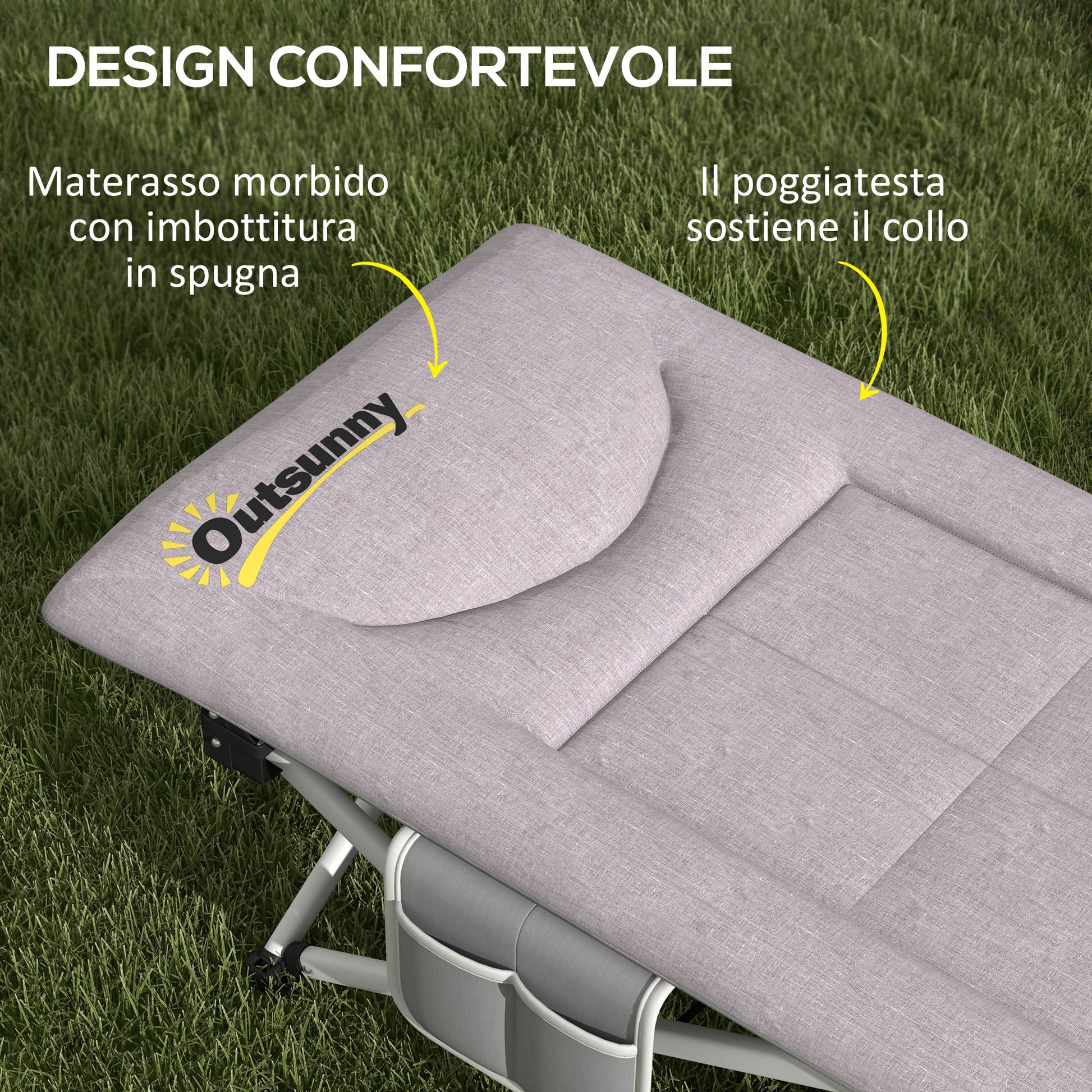 Outsunny Camping Bed with Headrest and Pocket, in Steel and Oxford Fabric, 200x65x42 cm, Gray - Borgè