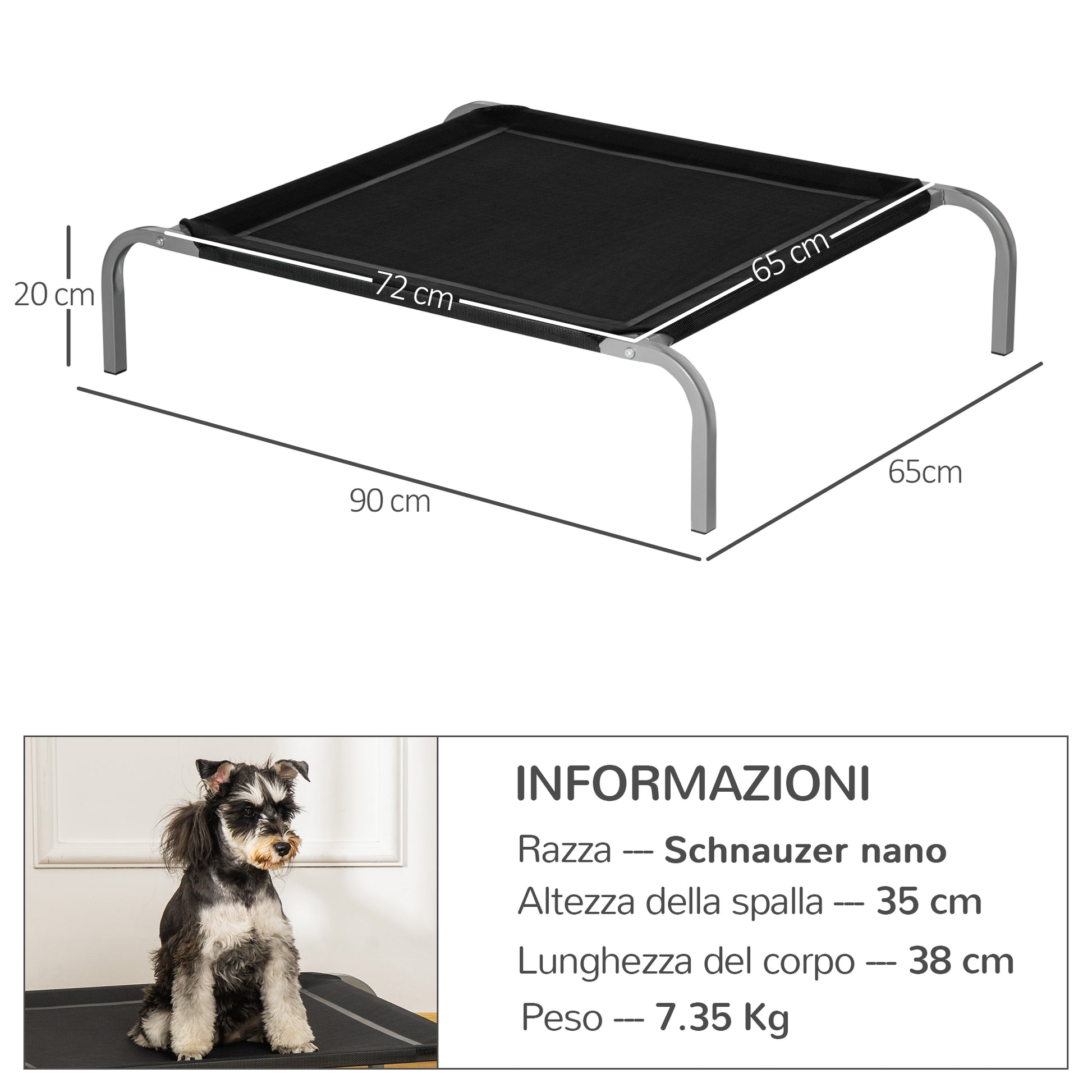 PawHut Raised Dog Bed with Breathable Seat, in Metal and Fabric, 90x65x20 cm, Black and Silver - Borgè