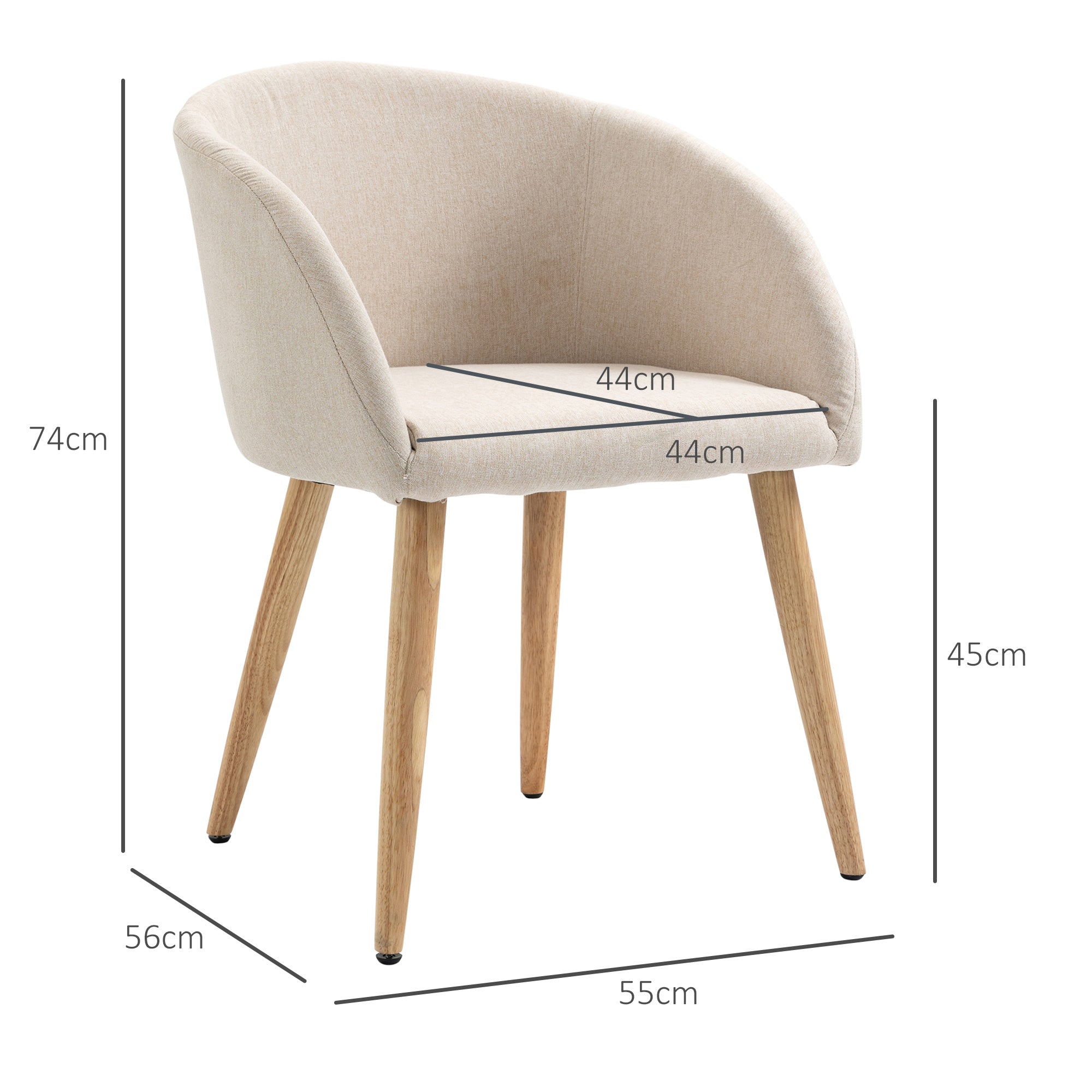 Set of 2 Scandinavian Style Fabric Upholstered Dining Chairs, 55x56x74 cm, Beige