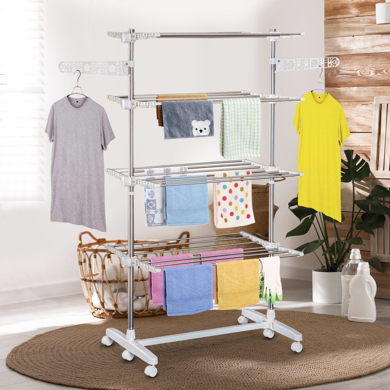 HOMCOM Vertical Folding Drying Rack in Steel and Plastic with 6 Wheels and 4 Adjustable Shelves, 142x55x172 cm - Borgè