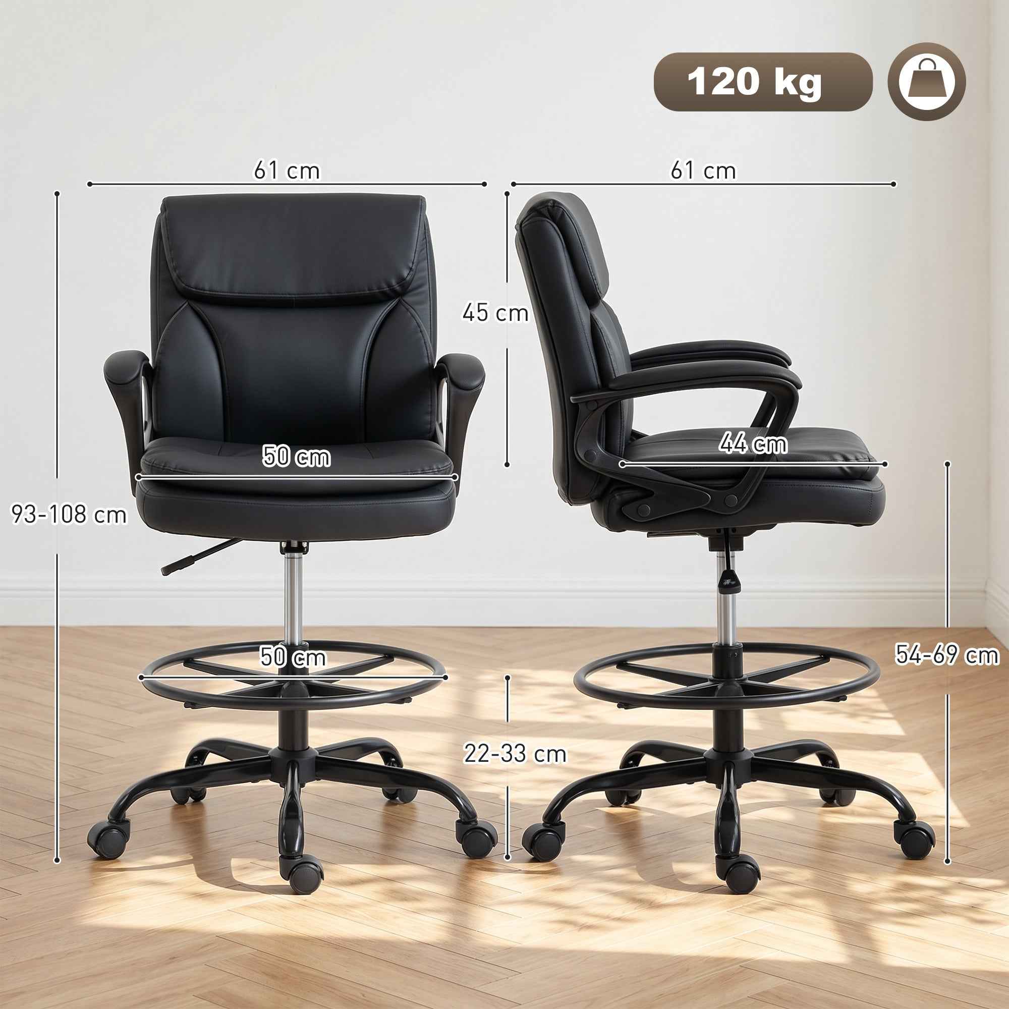 HOMCOM Swivel Office Chair in Faux Leather, Height-Adjustable, High Back, Armrests, for Study, Black