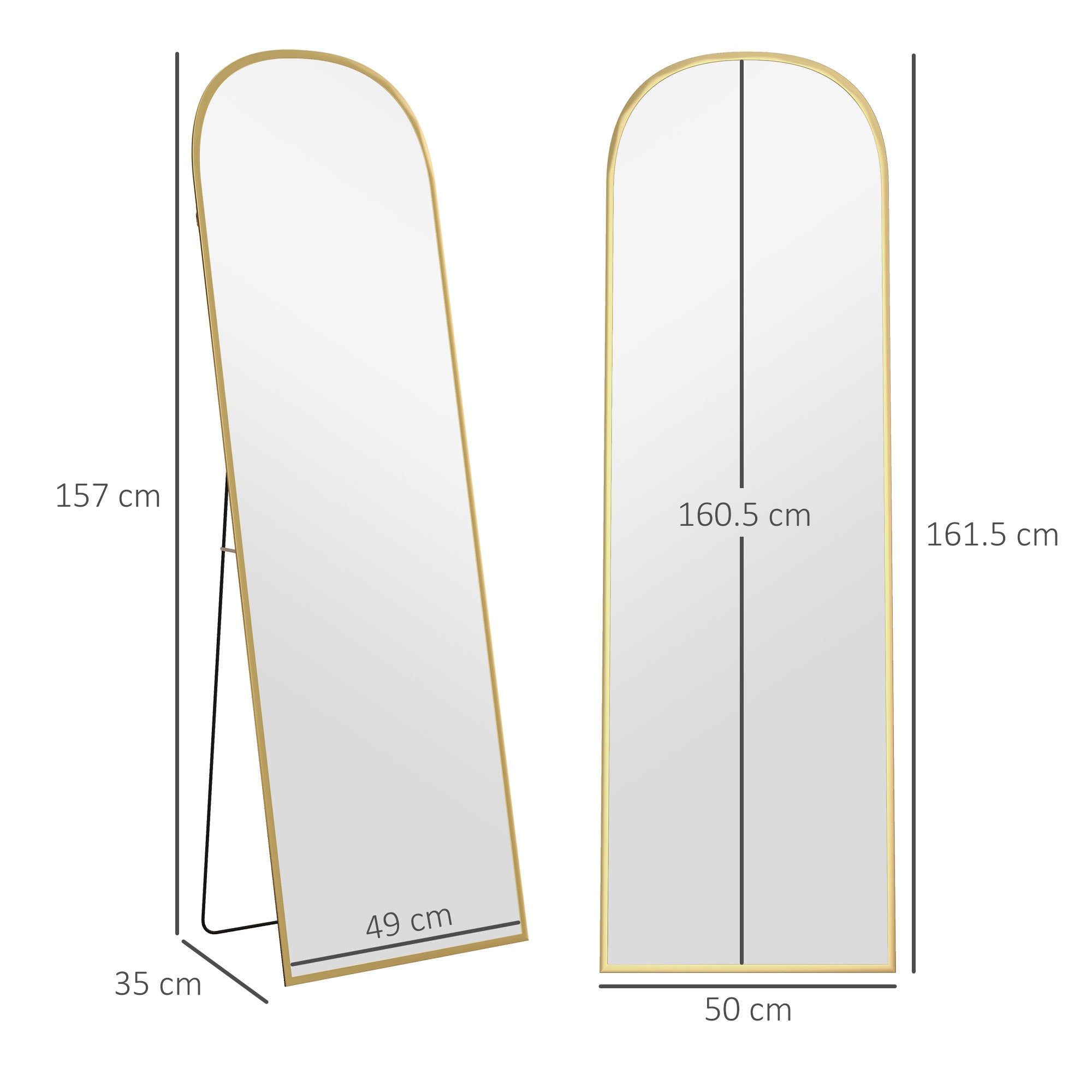 Modern Aluminum Alloy Floor and Wall Mirror with Folding Stand, 50x170cm, Gold