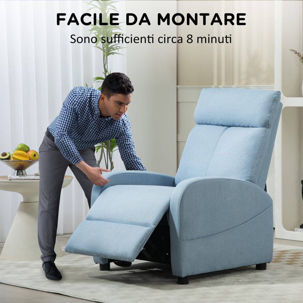 Reclining Relax Chair with Footrest in Linen Effect Fabric, 69x85x100 cm, Blue