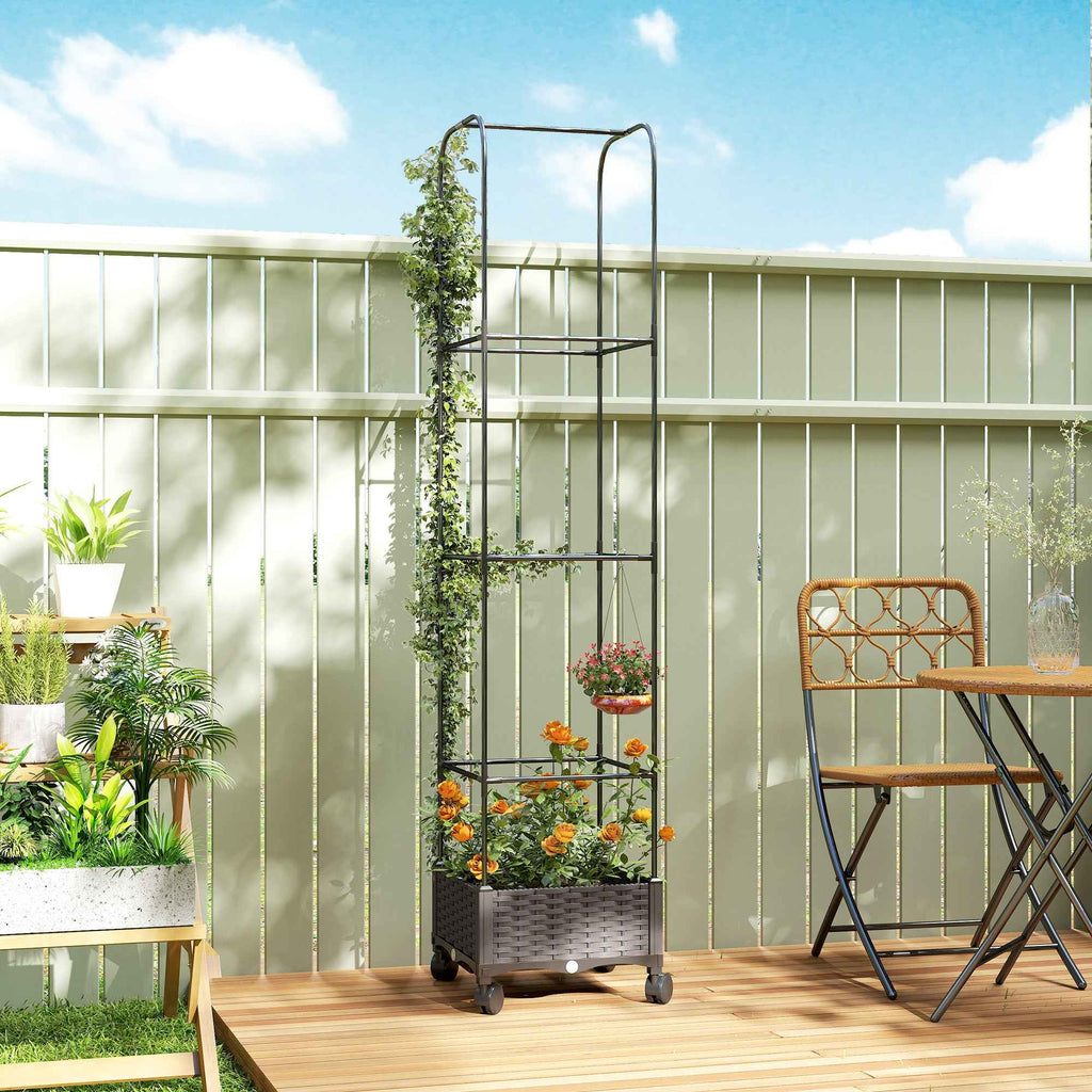 Outsunny 185cm Raised Trellis Planter with Drainage Holes and 4 Wheels, PE and PP Coated Metal, Black