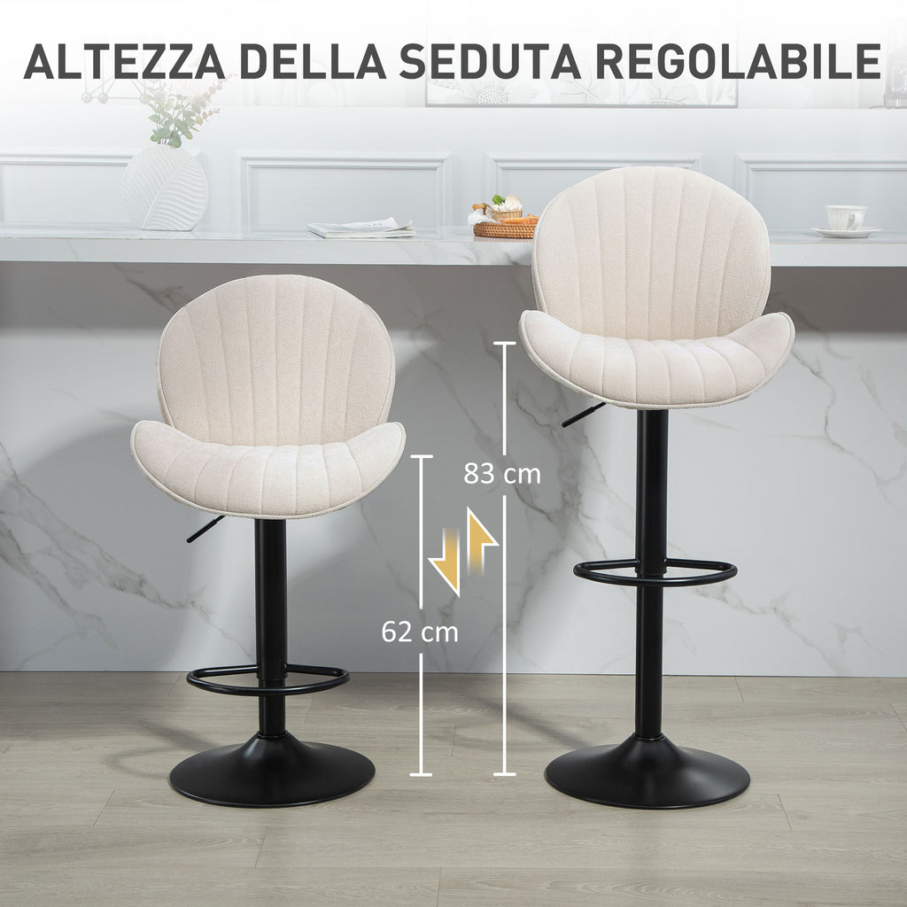 Set of 2 Shell Bar Stools with Footrest, Chenille Effect Fabric, 48x50x94-115 cm, Black and Beige