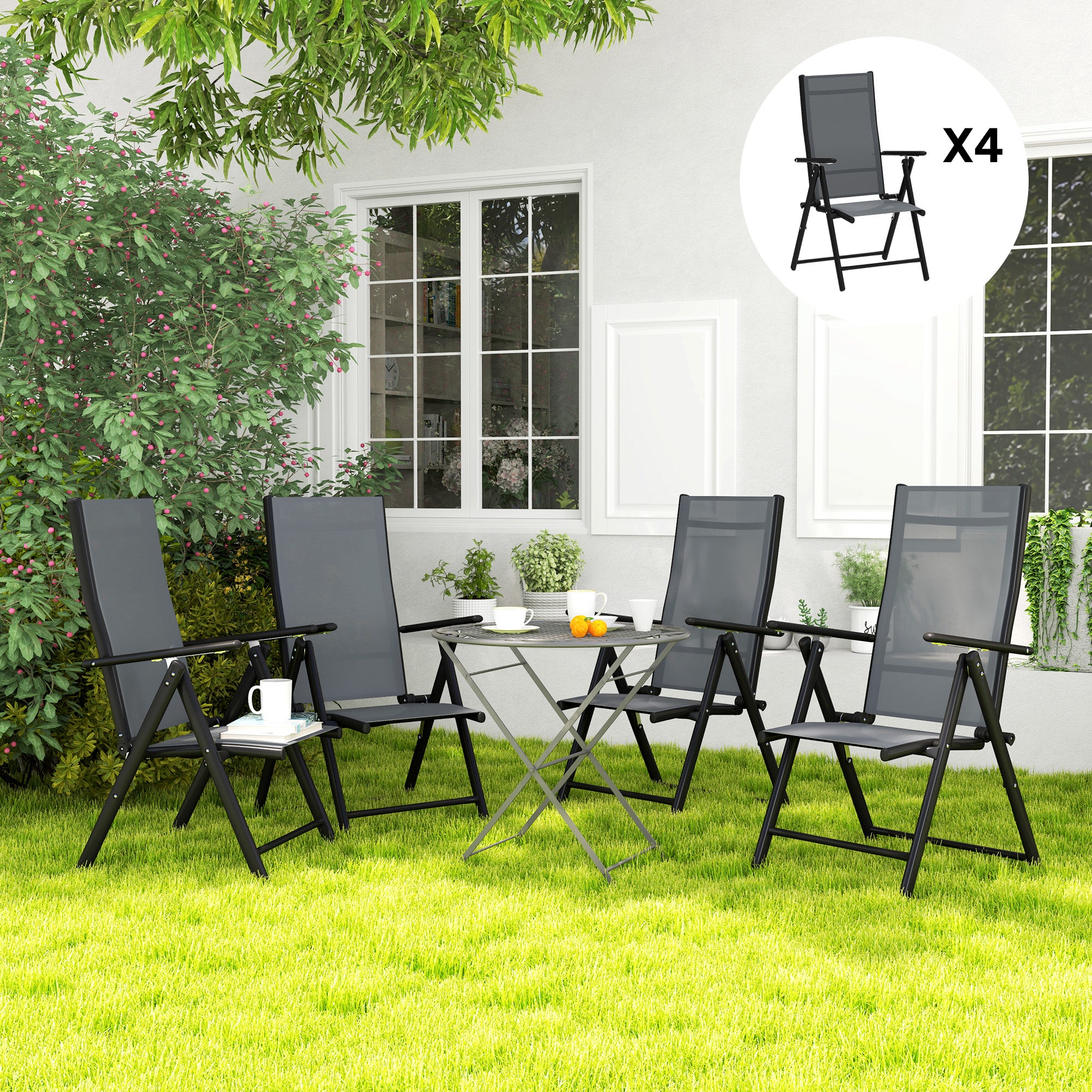 Set of 4 Folding and Breathable Garden Chairs with Armrests, in Steel and Polyester, 56x69x106 cm, Grey