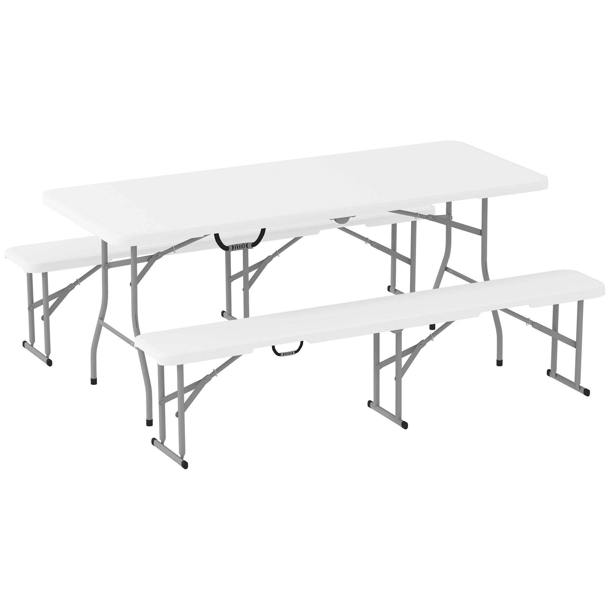 3-Piece Foldable Picnic Set with Table and 2 Benches in HDPE and Metal, White and Light Gray