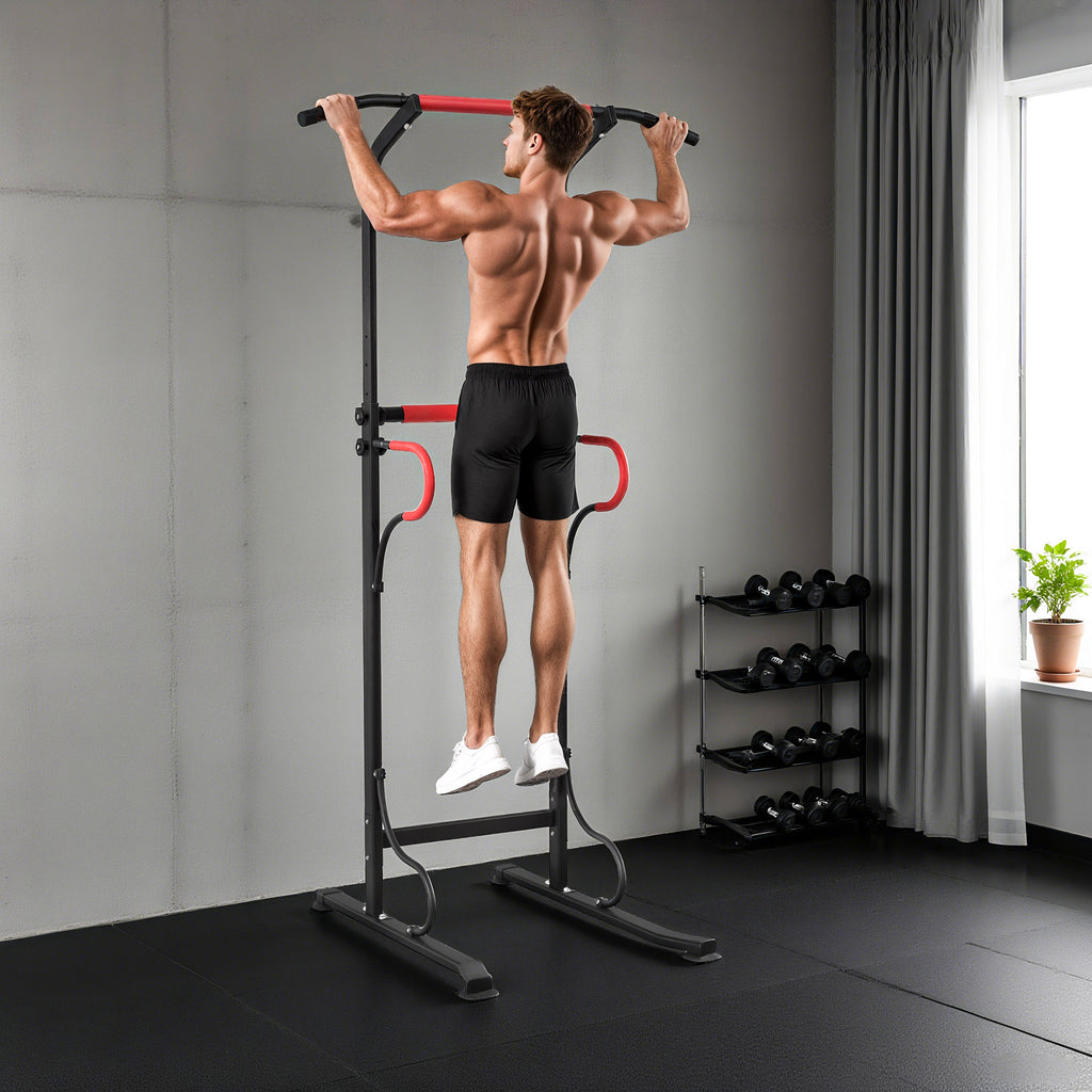 Power Tower Pull-Up Bar Multifunctional Fitness Station with Adjustable Height 171-219cm Black Red