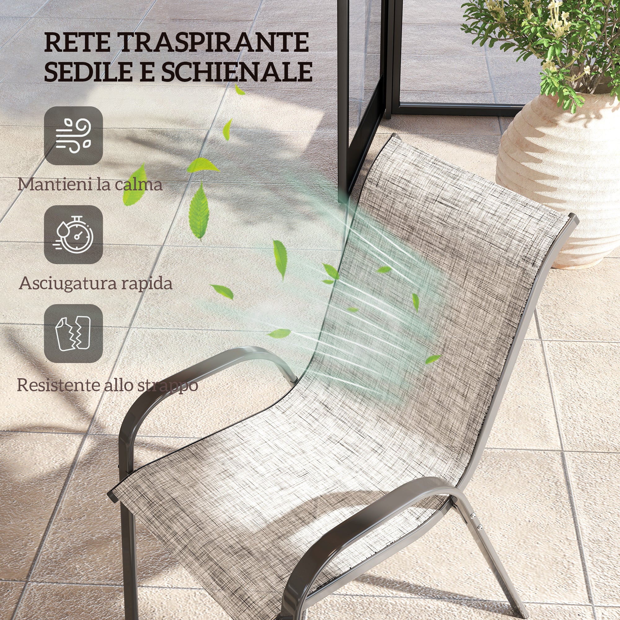 Outsunny Set of 4 Stackable Garden Chairs with Curved Armrests, in Steel and Breathable Fabric, 54x71x93 cm, Grey
