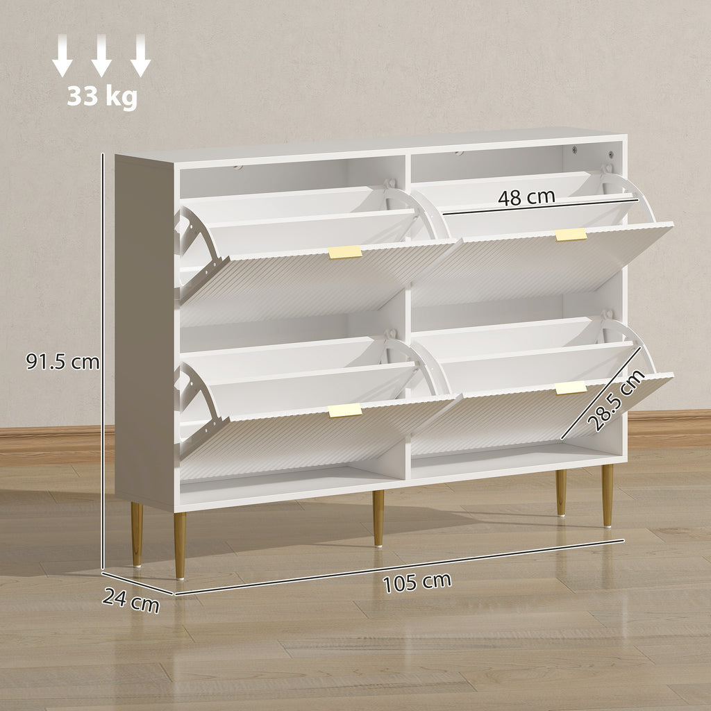 Slim Shoe Rack for 20 Pairs of Shoes with 4 Flap Drawers and Adjustable Shelves, 105x24x91.5 cm, White