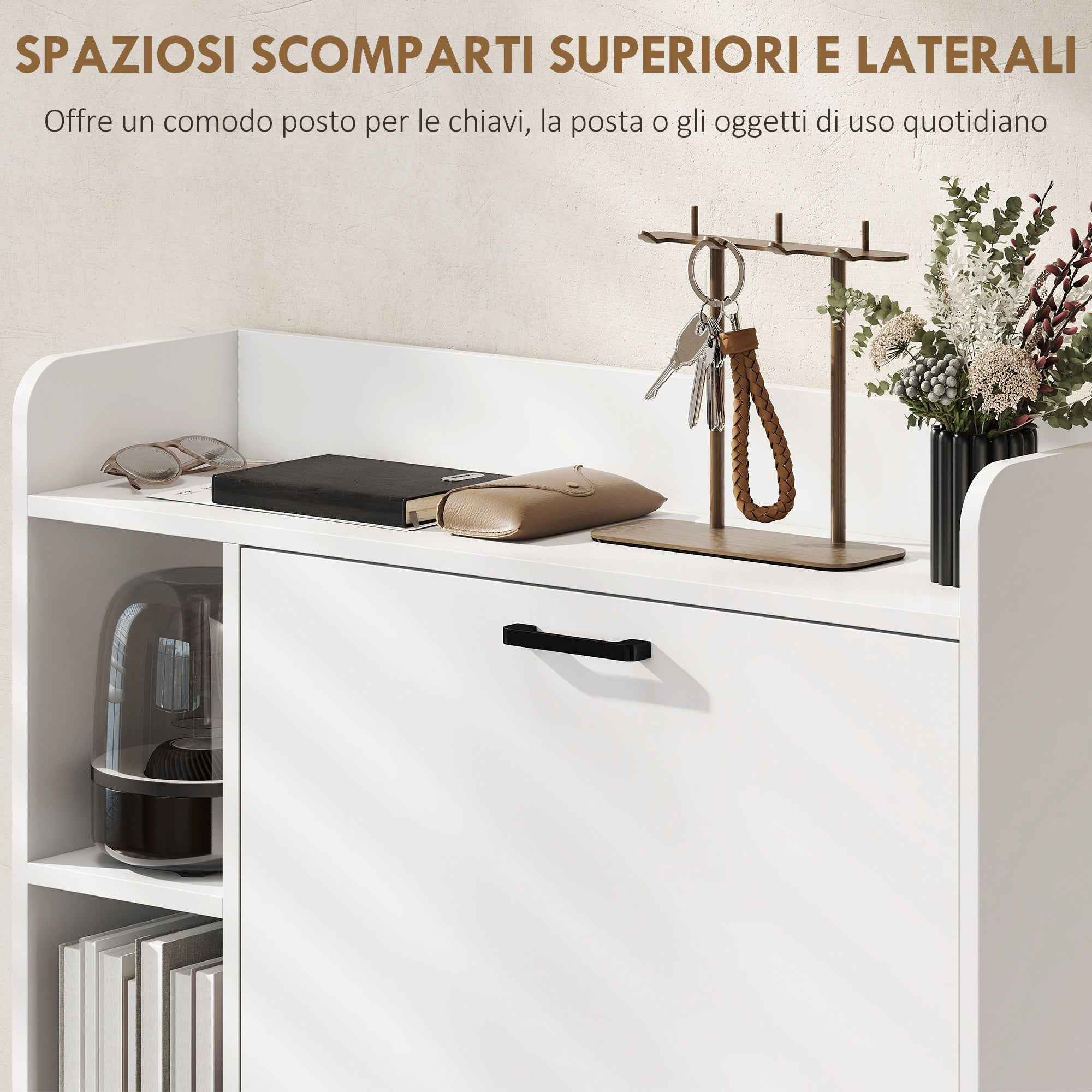 HOMCOM Slim Shoe Rack with 2 Tilting Drawers and 3 Open Compartments, Capacity 15 Shoes, 83x24x90.5 cm, White