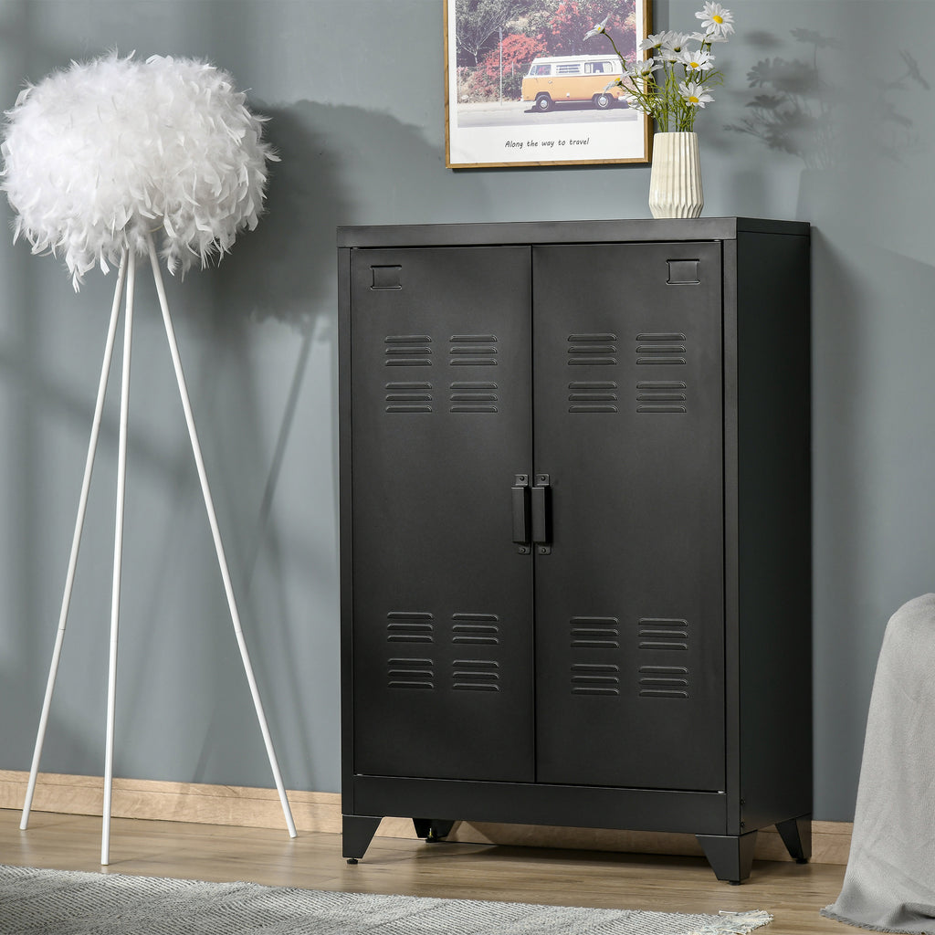 Industrial Style 2-Door Metal Storage Cabinet for Home and Garage, 75x33x110 cm, Black