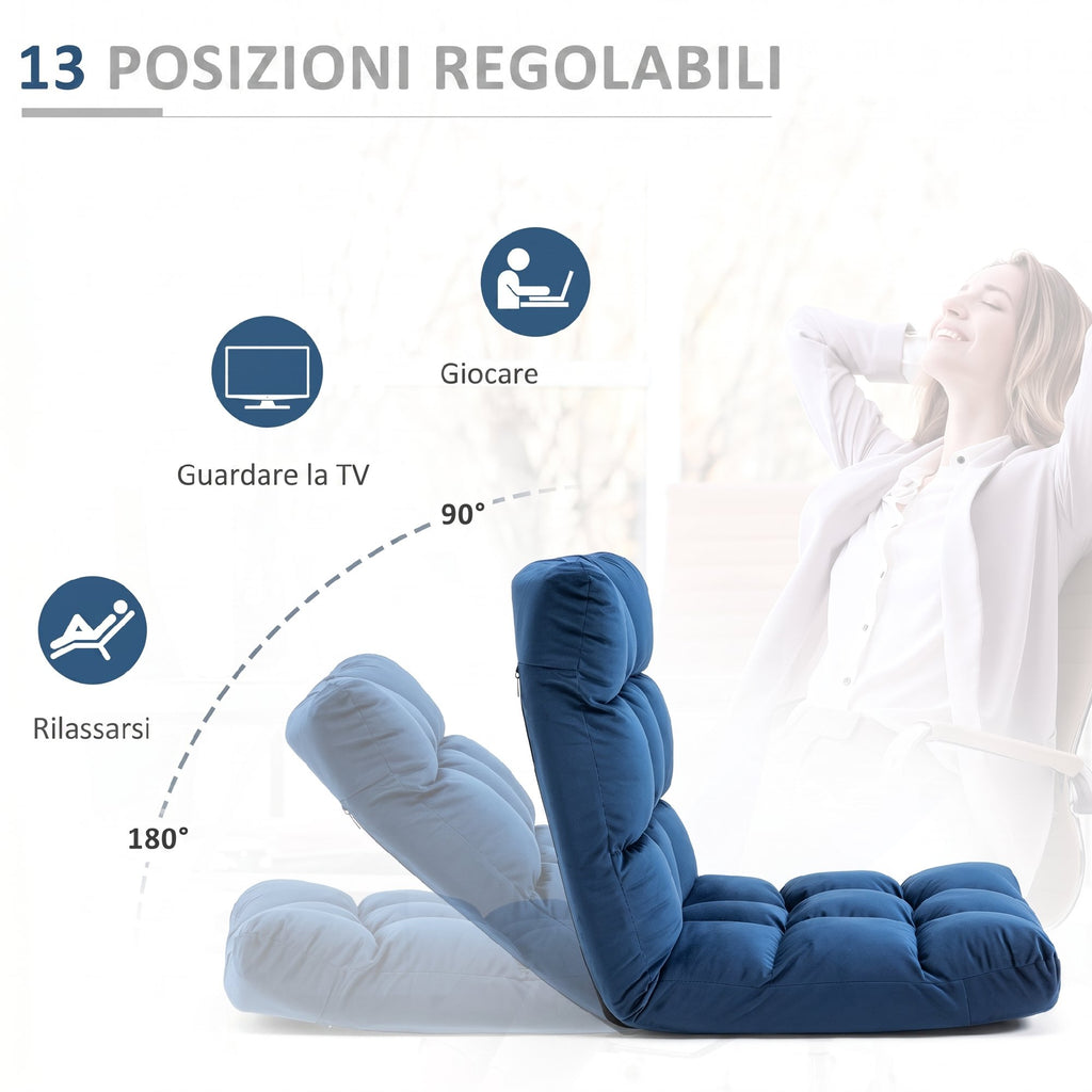 HOMCOM Velvet Floor Chair with 180° Reclining Backrest and Thick Padding, 55x71x53.5cm, Blue