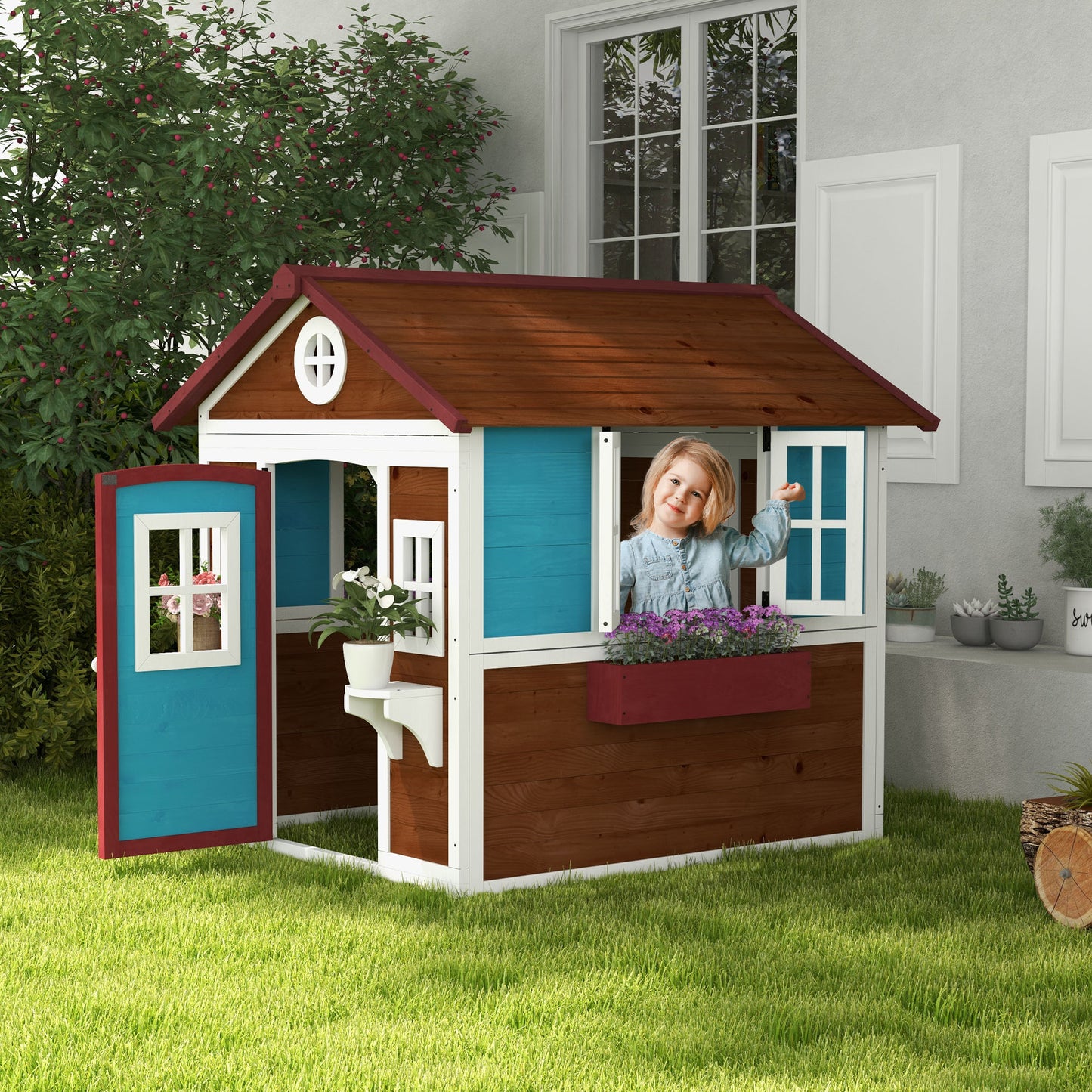 Outsunny Playhouse for Children 3-8 Years with Tilting Roof, Pots and Planters, in Fir Wood, 114x126.4x135 cm - Borgè