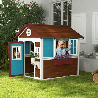 Outsunny Playhouse for Children 3-8 Years with Tilting Roof, Pots and Planters, in Fir Wood, 114x126.4x135 cm - Borgè