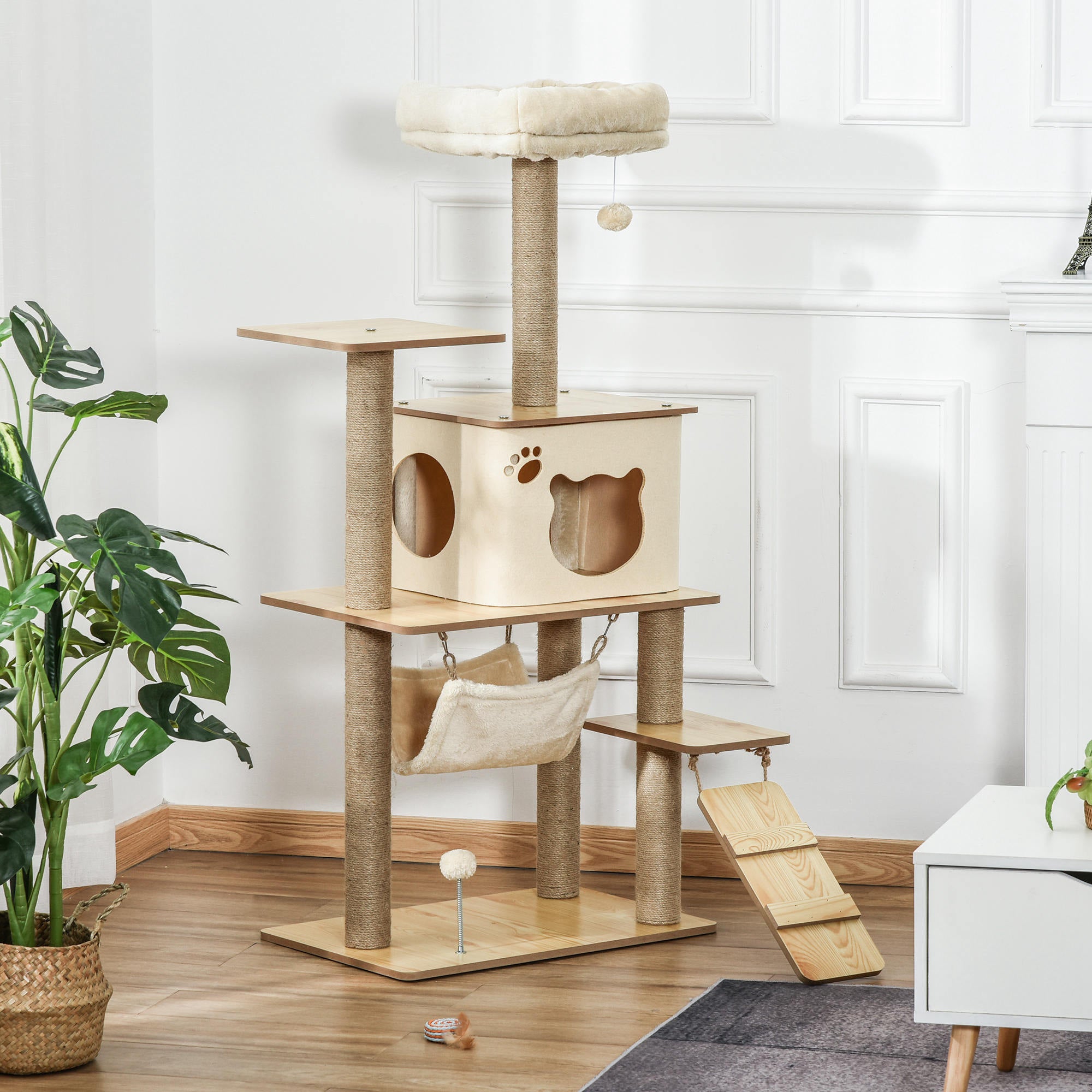 Multi-Level Cat Tree with House, Hammock, Ladder and Jute Ropes, Plush Cover, 60x40x130cm, Yellow