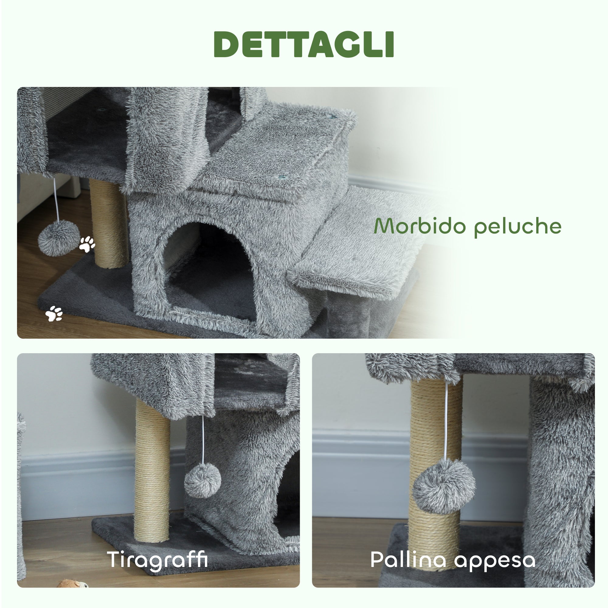4-Step Height-Adjustable Cat Ladder with 2 Cat Houses, Scratching Post and Ball, Grey