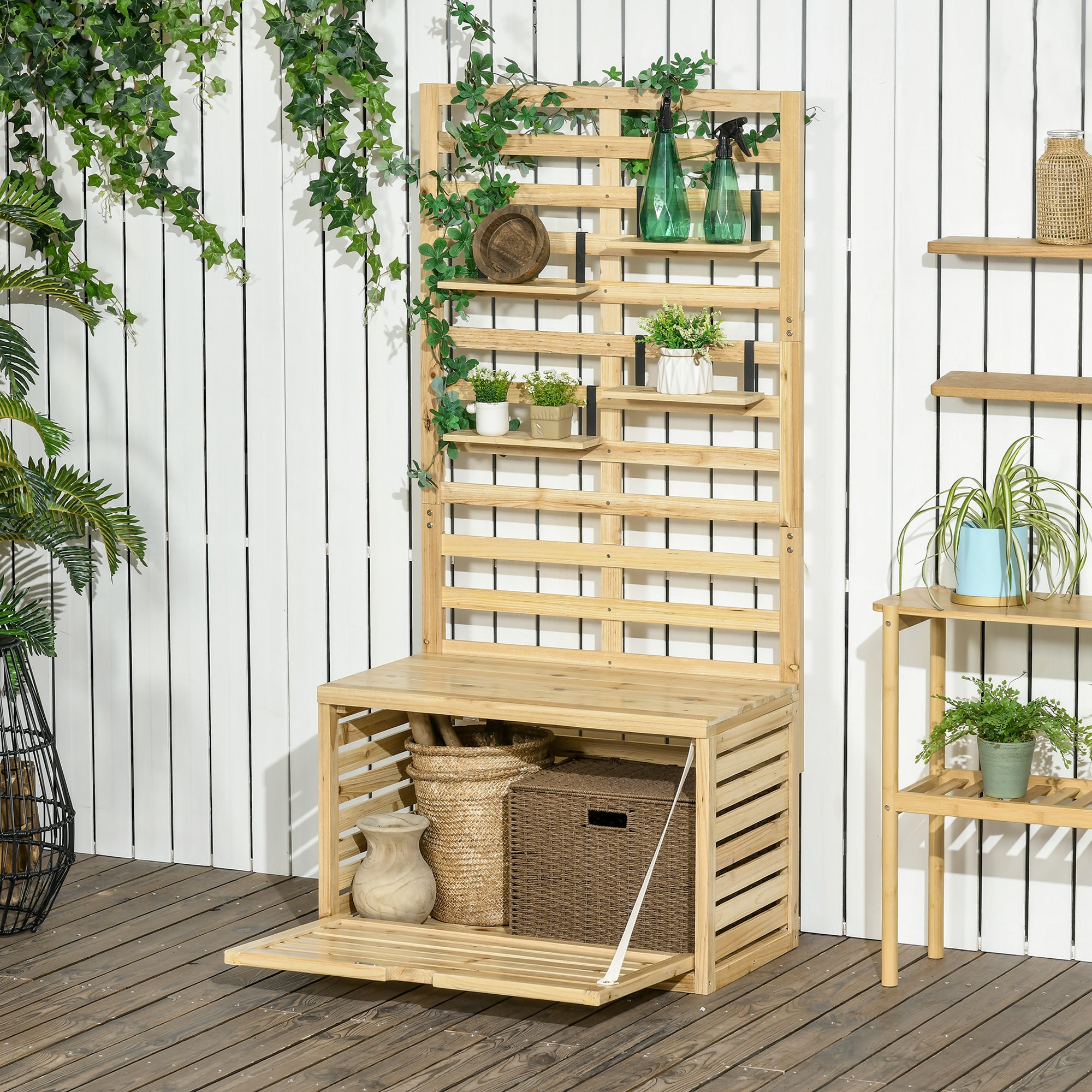 Outsunny Garden Storage Bench with Trellis and 4 Wooden Shelves with Magnetic Closure, 80x45x160 cm