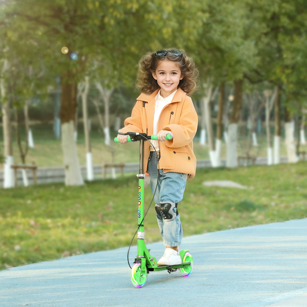 AIYAPLAY Scooter for Kids Ages 3-8 with Light-Up Wheels, Adjustable Handle and Rear Brake, Green