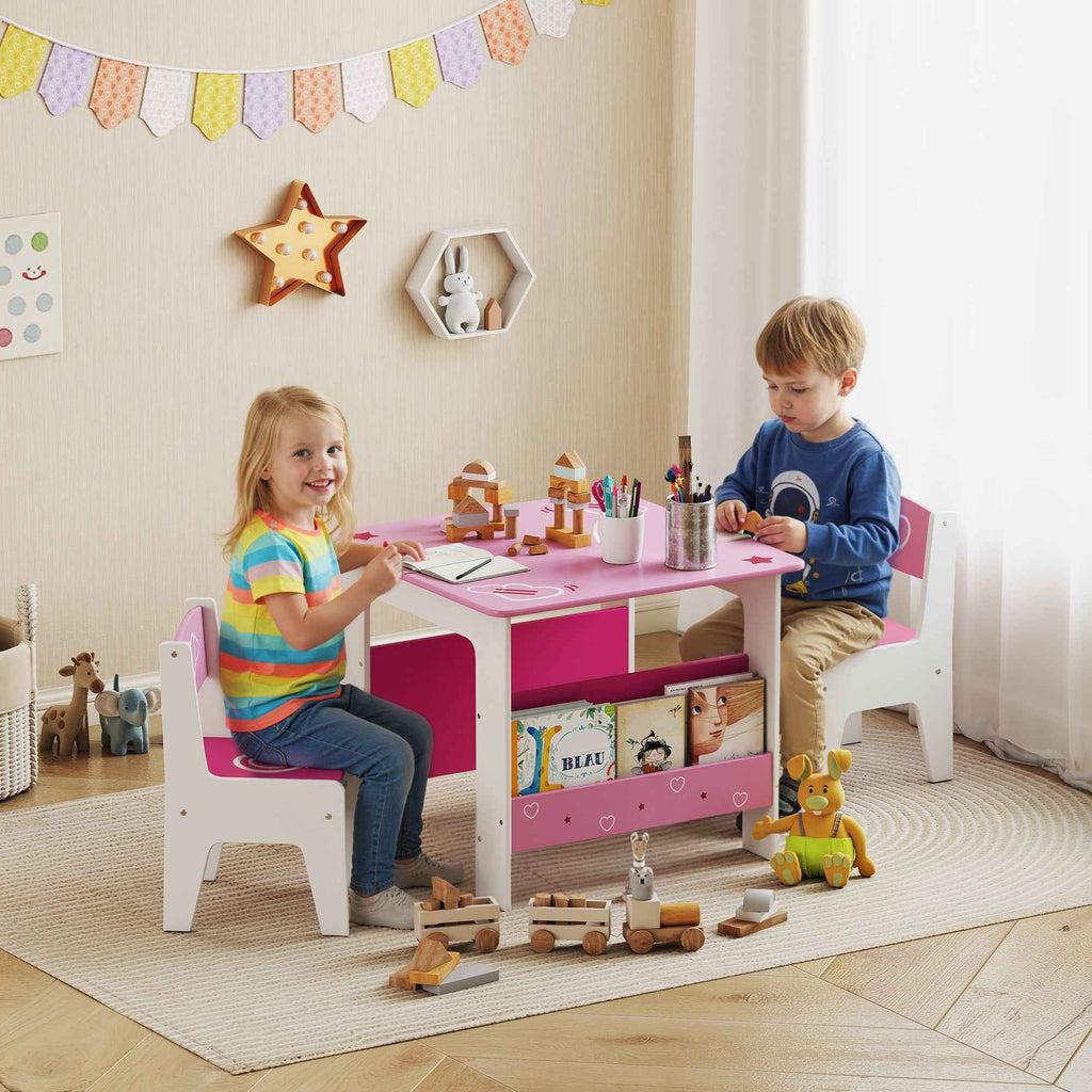 AIYAPLAY Children's Table and Chair Set for 3-8 Years Old, MDF Wooden Coffee Table with Shelf and Heart Design, Pink
