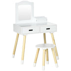 Children's Dressing Table Set with Makeup Table and Stool, Mirror and 2 Drawers, White and Wood Color