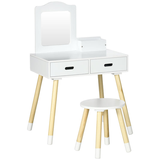 Children's Dressing Table Set with Makeup Table and Stool, Mirror and 2 Drawers, White and Wood Color