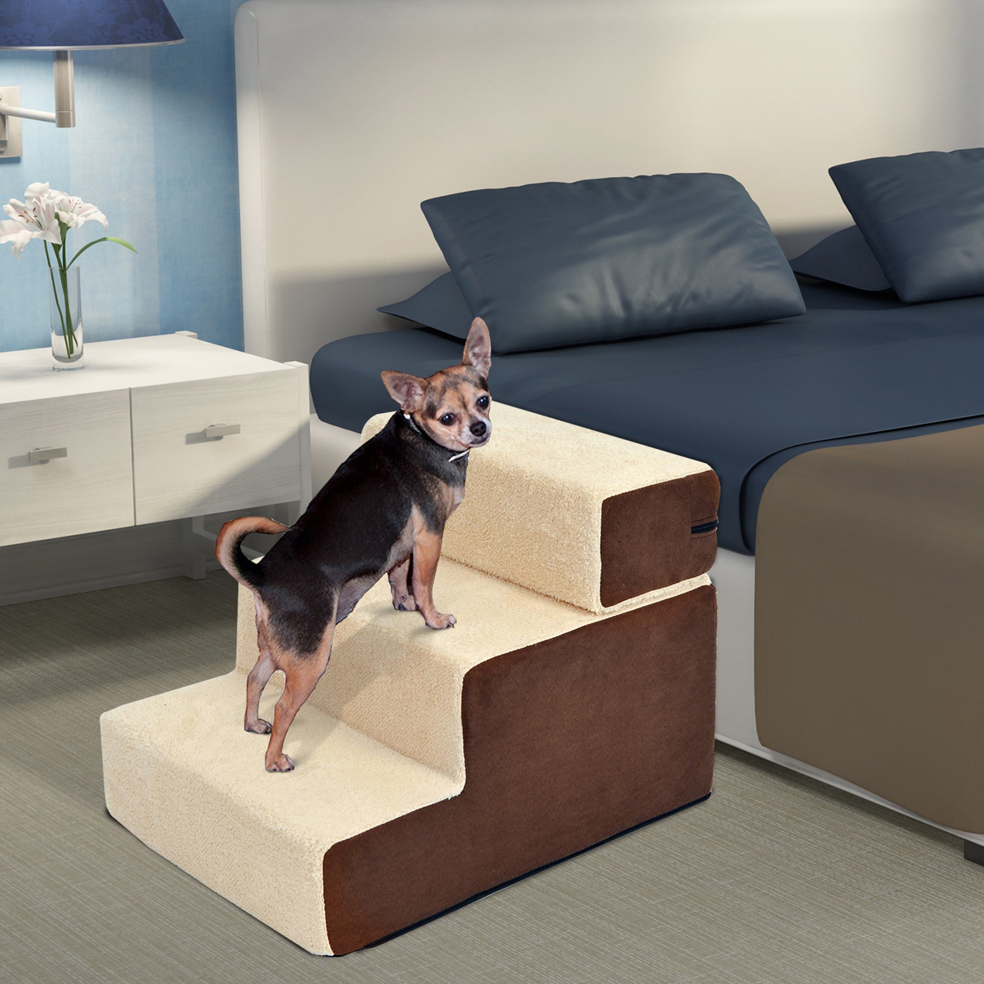 3-Step Removable Non-Slip Dog and Puppy Ladder, Beige and Brown, 54x40x39cm