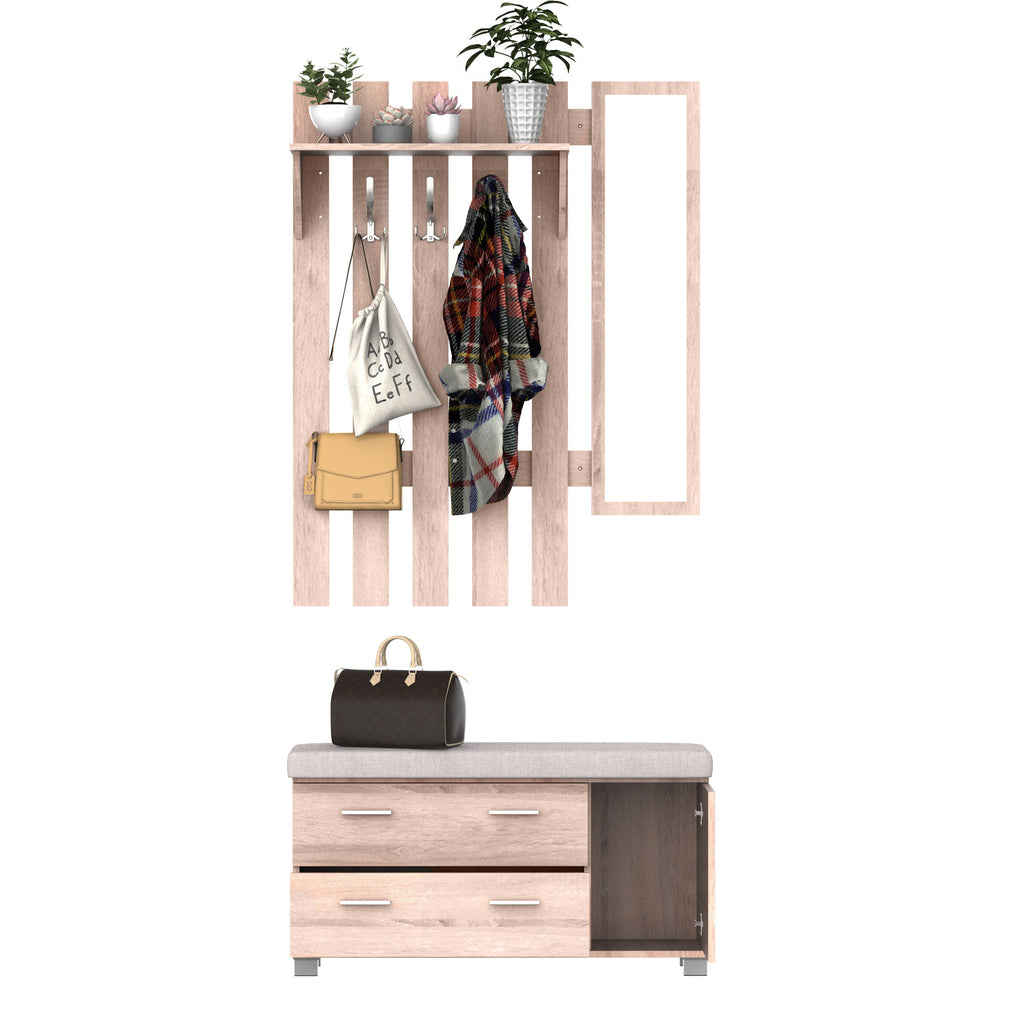 3-in-1 Wardrobe Furniture Set with Mirror and Shoe Rack for Entrance Hallway, Chipboard, 90 x 21.5 x 116cm, Oak