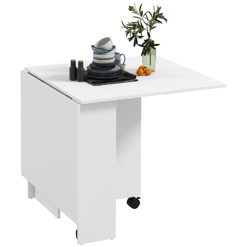 Space-Saving Folding Table with 2 Flaps for 6 People with Shelves and Wheels, White