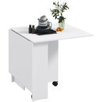 Space-Saving Folding Table with 2 Flaps for 6 People with Shelves and Wheels, White
