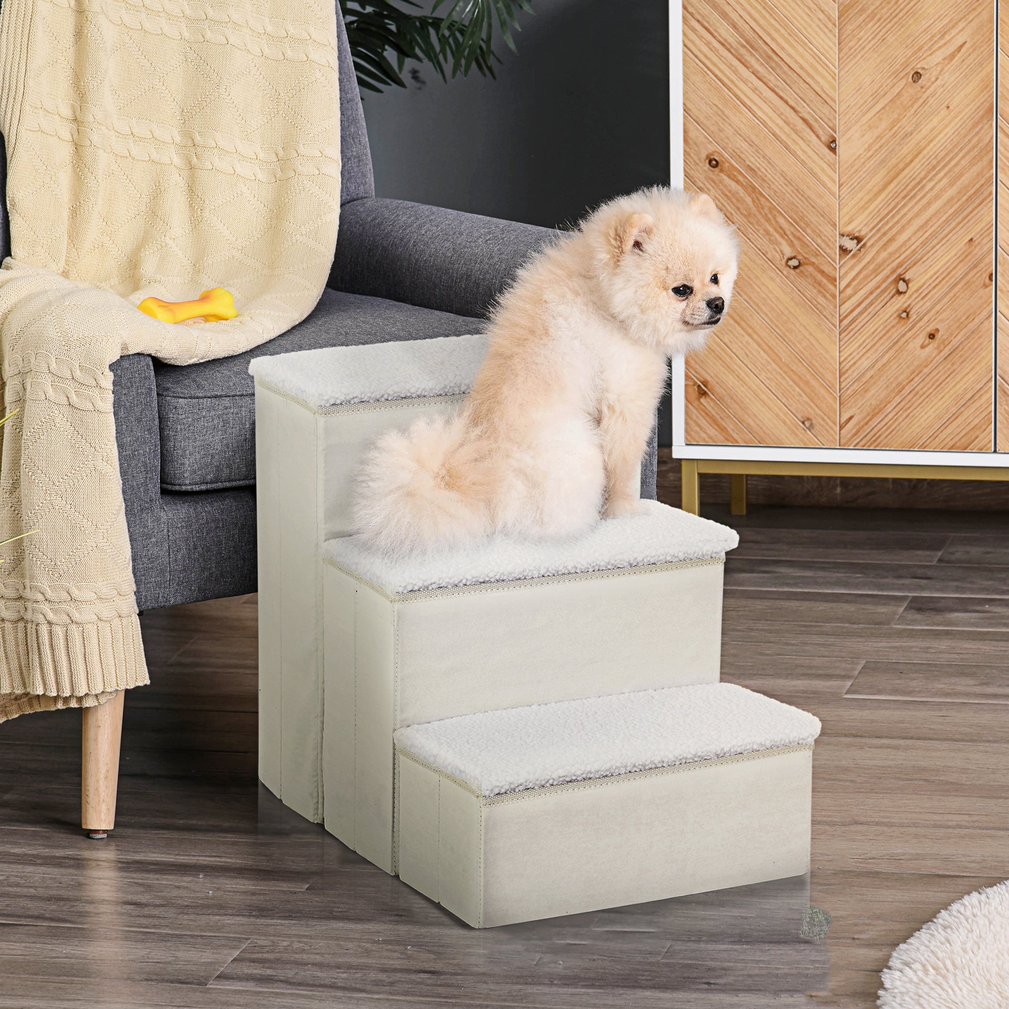 3-Step Dog Stairs with Storage Compartment, Foldable and Washable, 40x54x48 cm, White