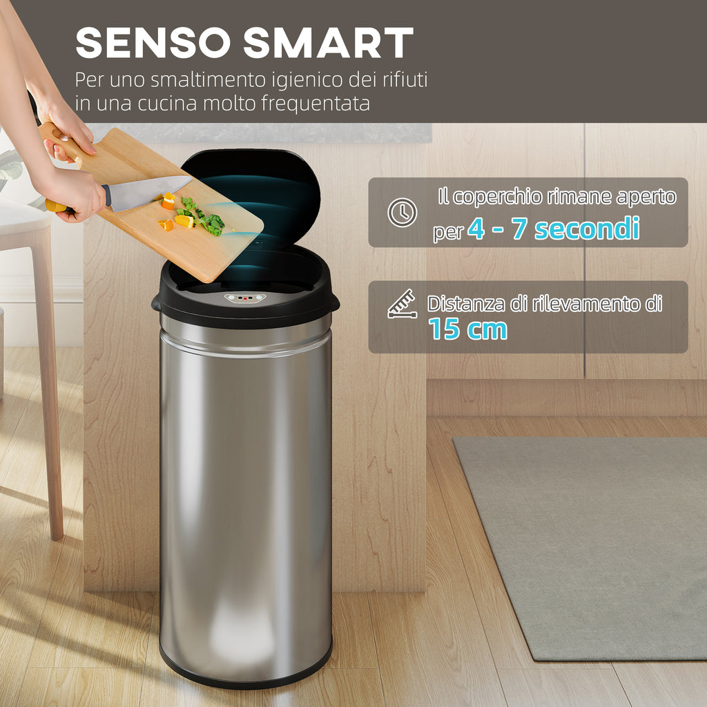 42L Motion Sensor Waste Bin with Automatic Opening, 30.5 x 30.5 x 68 cm, Black and Silver